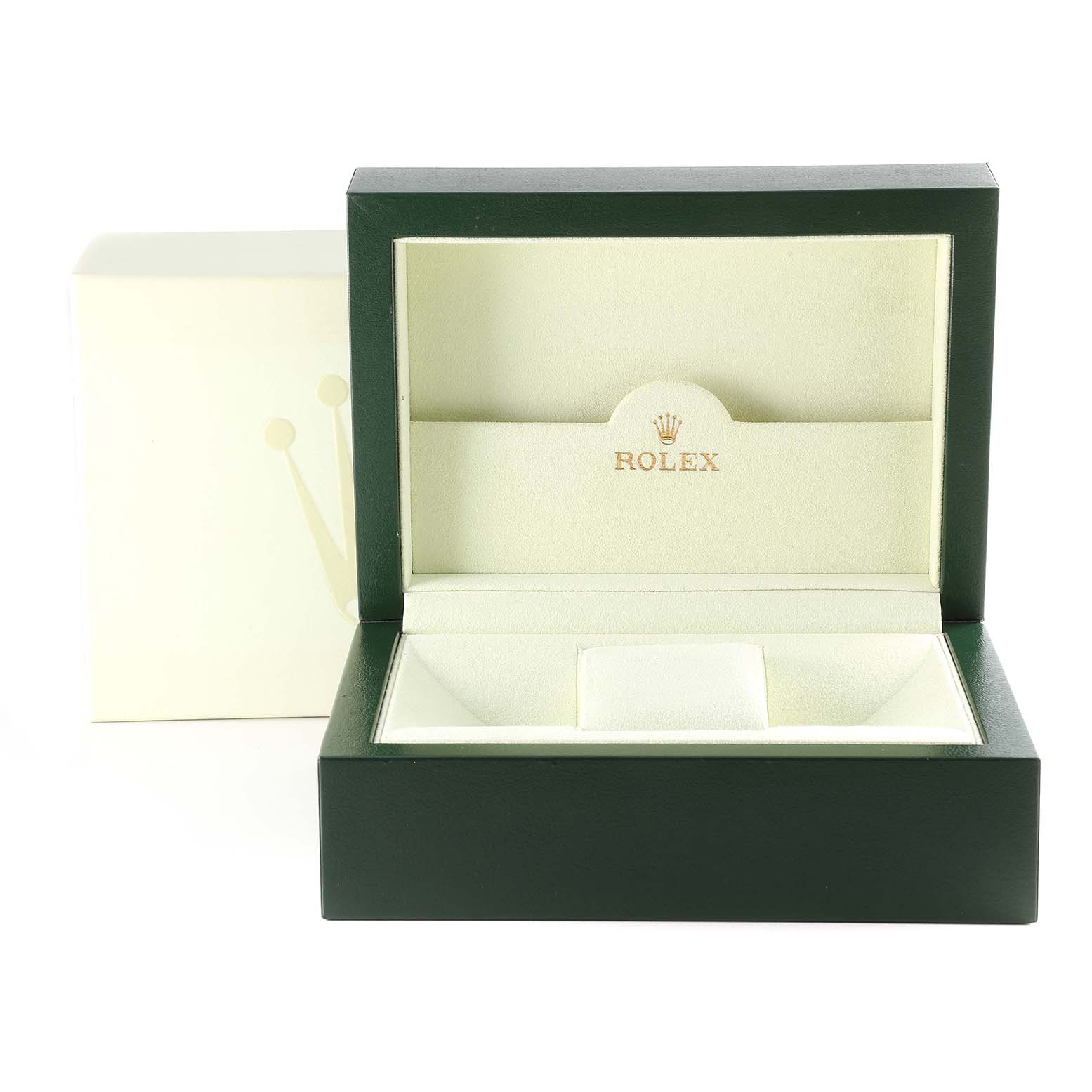 This image shows the open box for a Rolex Datejust 116244 Men's Stainless Steel Silver Dial 116244 Men's Stainless Steel Silver Dial, revealing the interior casing and cushion for the watch.