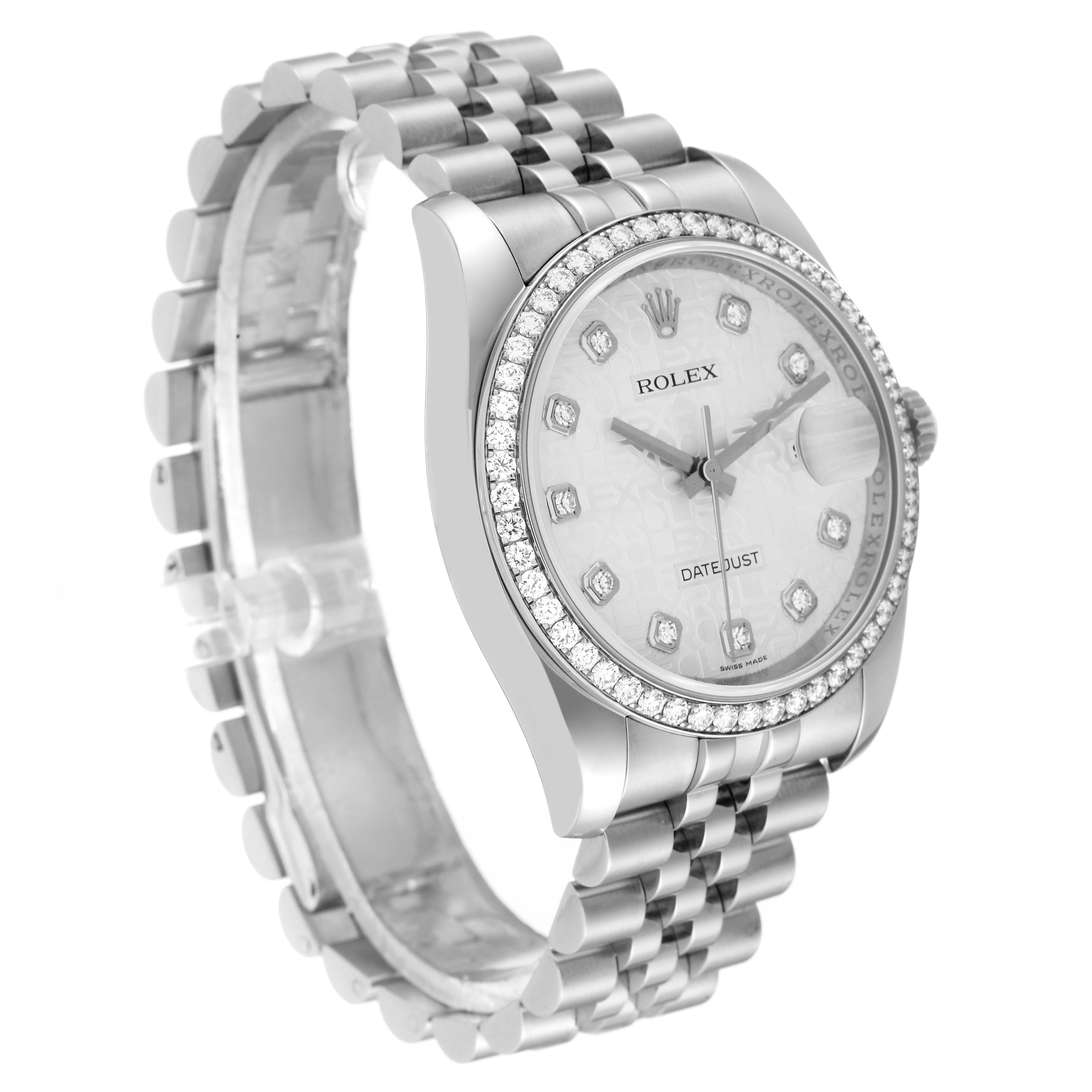 The Rolex Datejust 116244 Men's Stainless Steel Silver Dial 116244 Men's Stainless Steel Silver Dial watch is shown at a three-quarter angle, highlighting its face, bezel, and part of the bracelet.