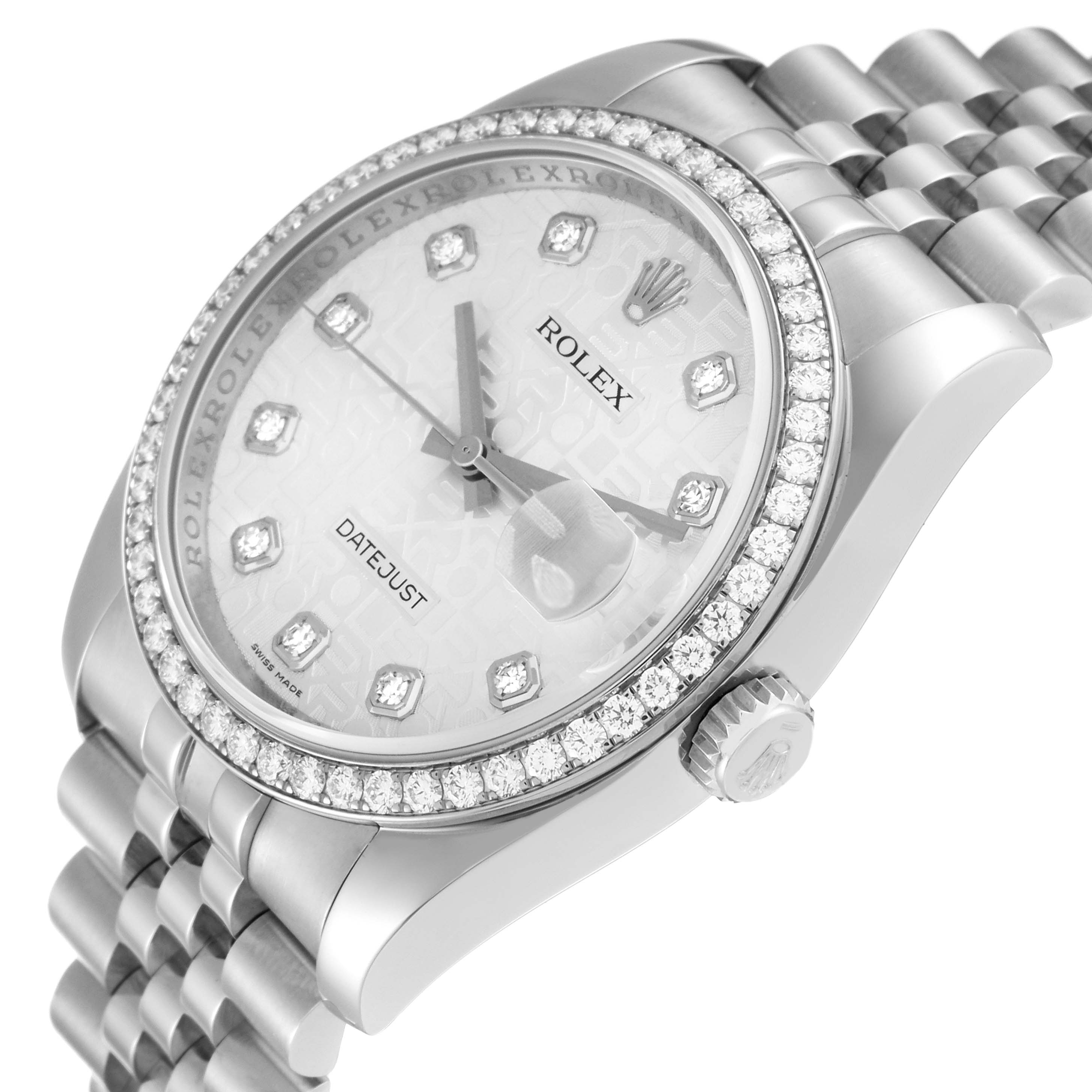 The image shows a Rolex Datejust 116244 Men's Stainless Steel Silver Dial 116244 Men's Stainless Steel Silver Dial watch at an angle highlighting its diamond-encrusted bezel, face, crown, and bracelet.