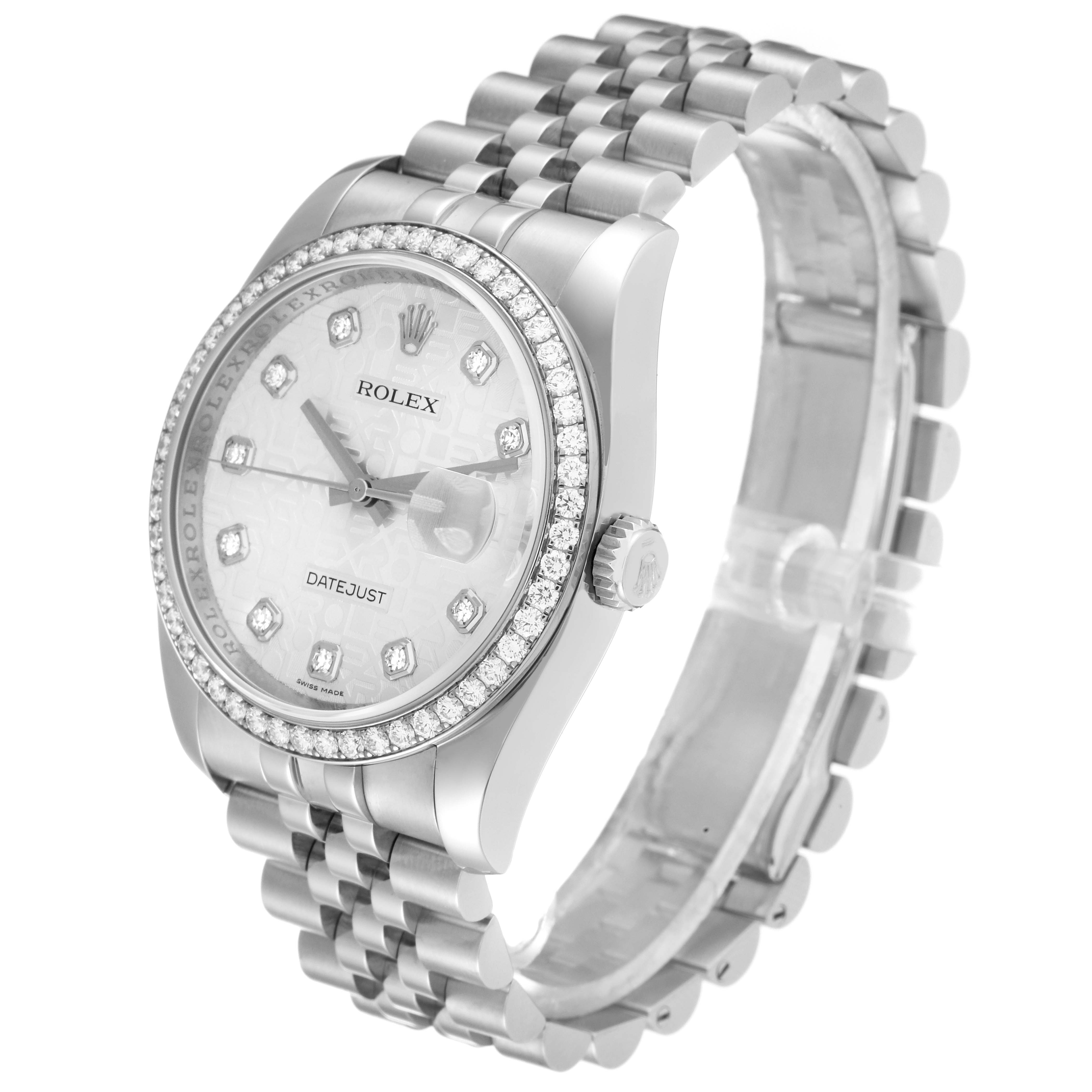 The image shows a side and front view of a Rolex Datejust 116244 Men's Stainless Steel Silver Dial 116244 Men's Stainless Steel Silver Dial watch, highlighting the dial, bezel, and Jubilee bracelet.