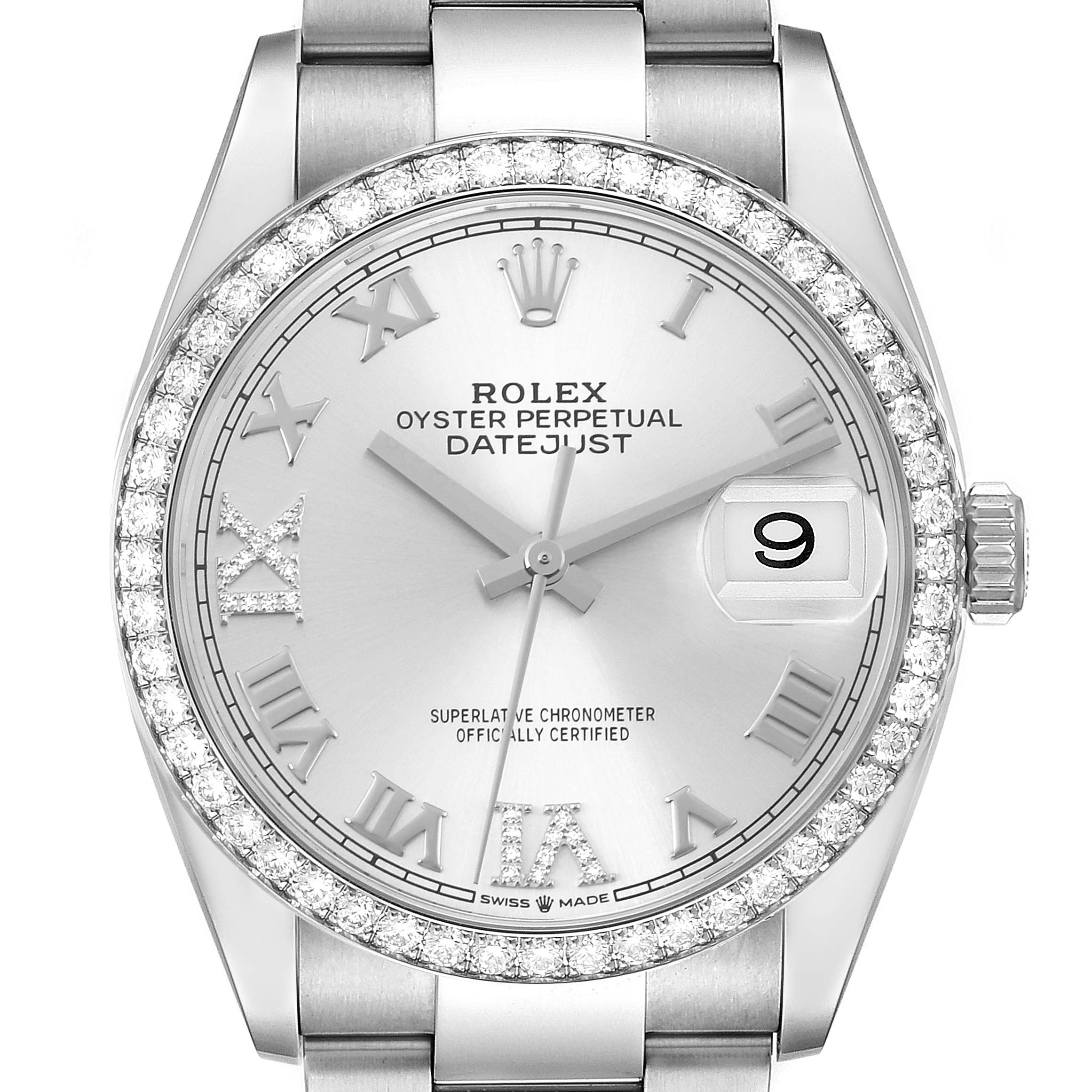 The image shows a front view of the Rolex Datejust 126284 Men's Stainless Steel Silver Dial 126284 Men's Stainless Steel Silver Dial watch, including the face, bezel, and part of the bracelet.