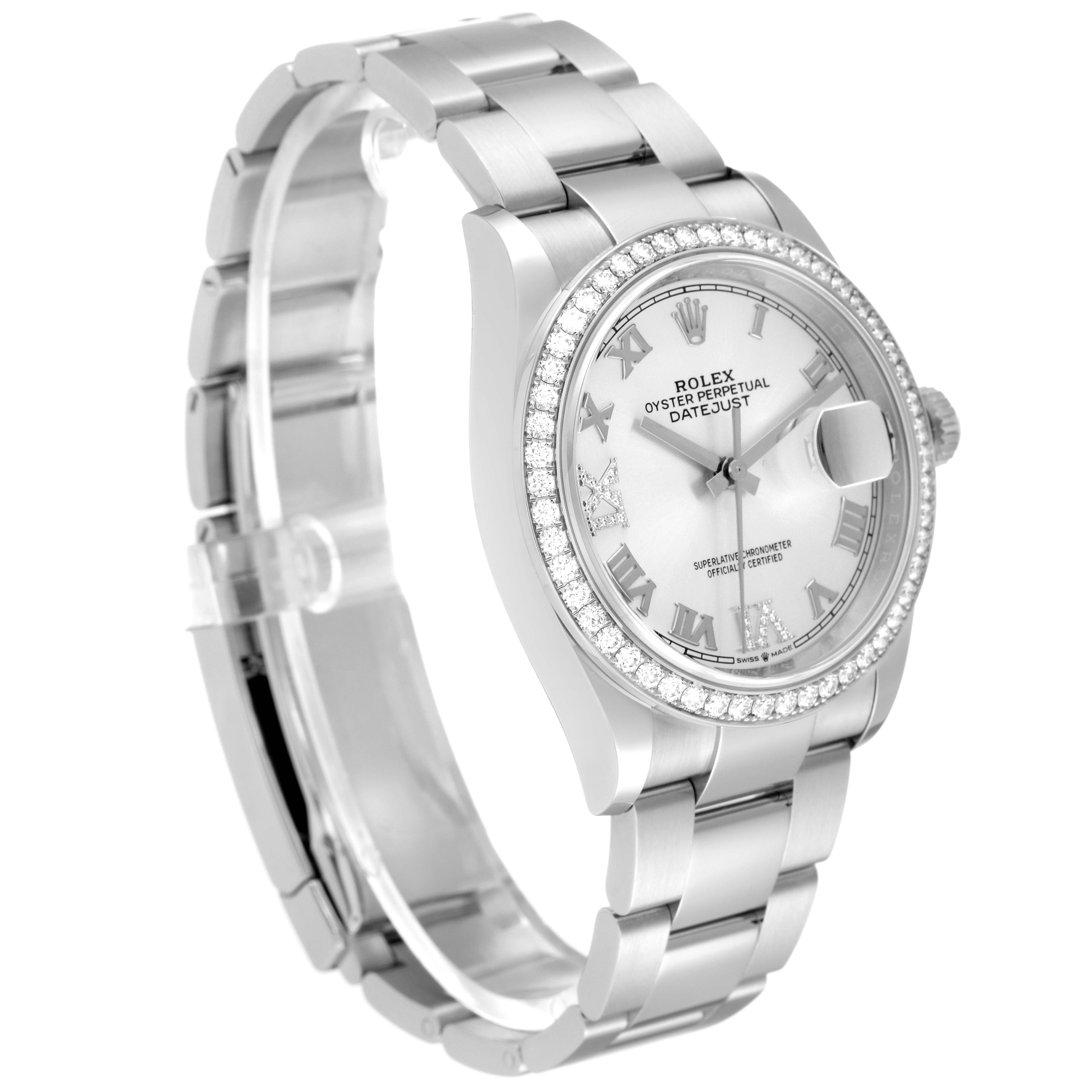 The Rolex Datejust 126284 Men's Stainless Steel Silver Dial 126284 Men's Stainless Steel Silver Dial watch is shown at a slight angle featuring its dial, bezel, and partially opened metal bracelet.