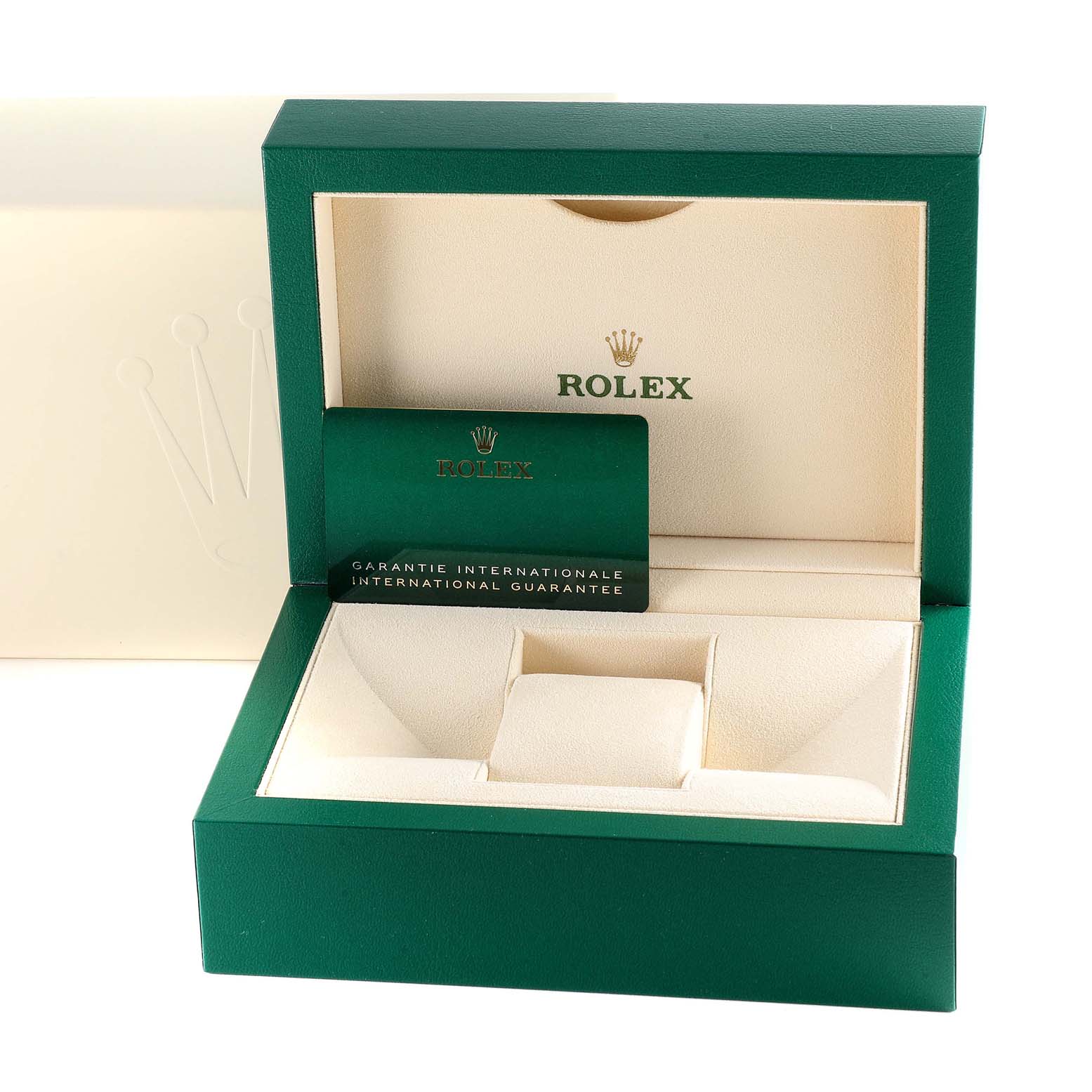 The image shows an open Rolex Datejust 126284 Men's Stainless Steel Silver Dial 126284 Men's Stainless Steel Silver Dial watch box with the international guarantee card inside.