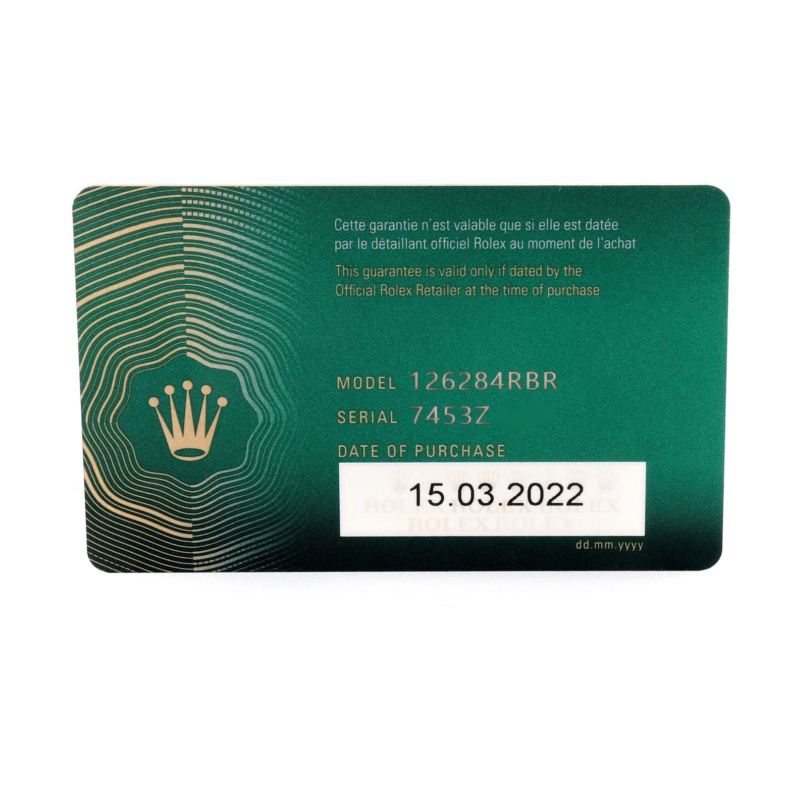 The image shows the front side of a warranty card for the Rolex Datejust 126284 Men's Stainless Steel Silver Dial 126284 Men's Stainless Steel Silver Dial model 126284RBR.