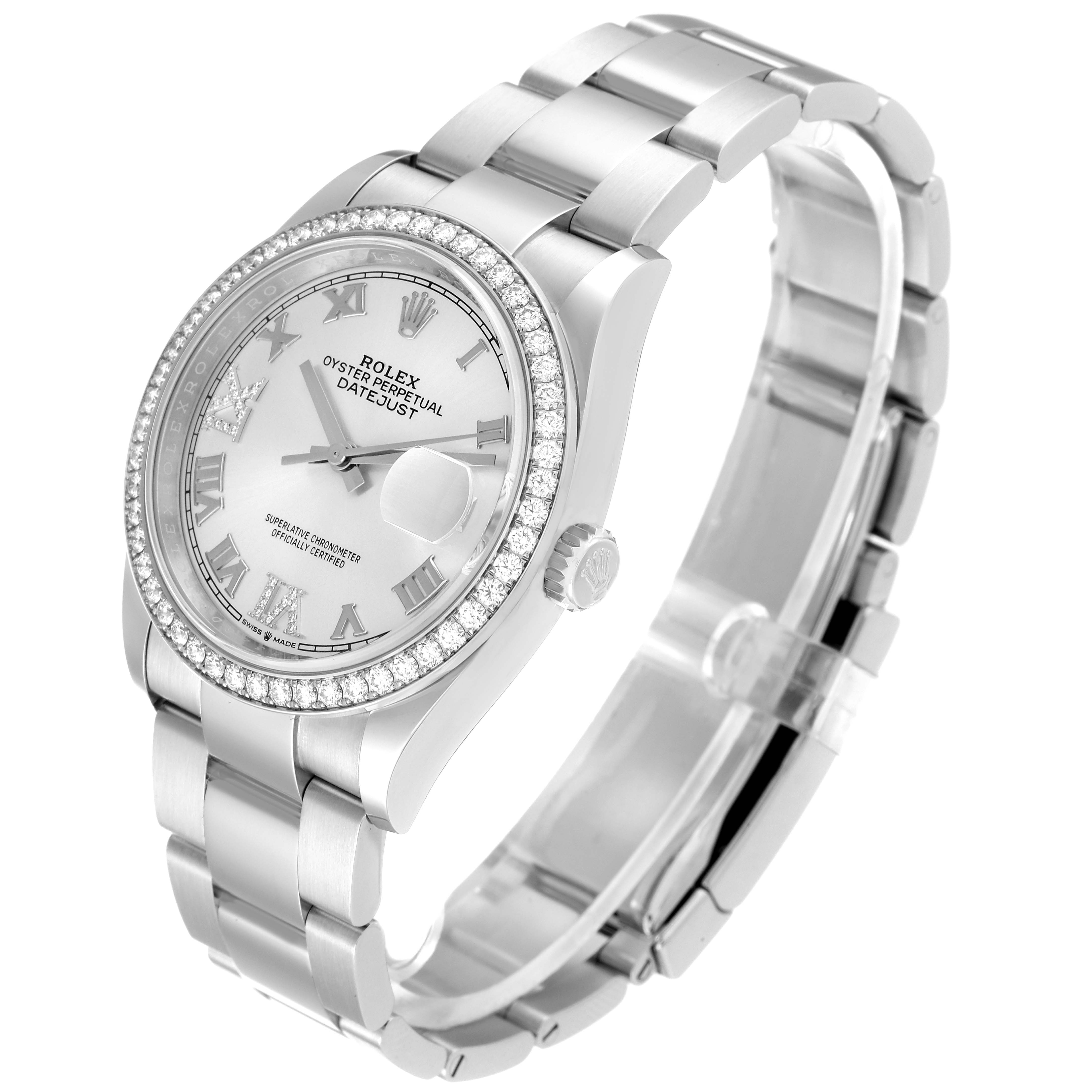 The image shows a Rolex Datejust 126284 Men's Stainless Steel Silver Dial 126284 Men's Stainless Steel Silver Dial watch at a three-quarter angle, highlighting the dial, bezel, bracelet, and crown.