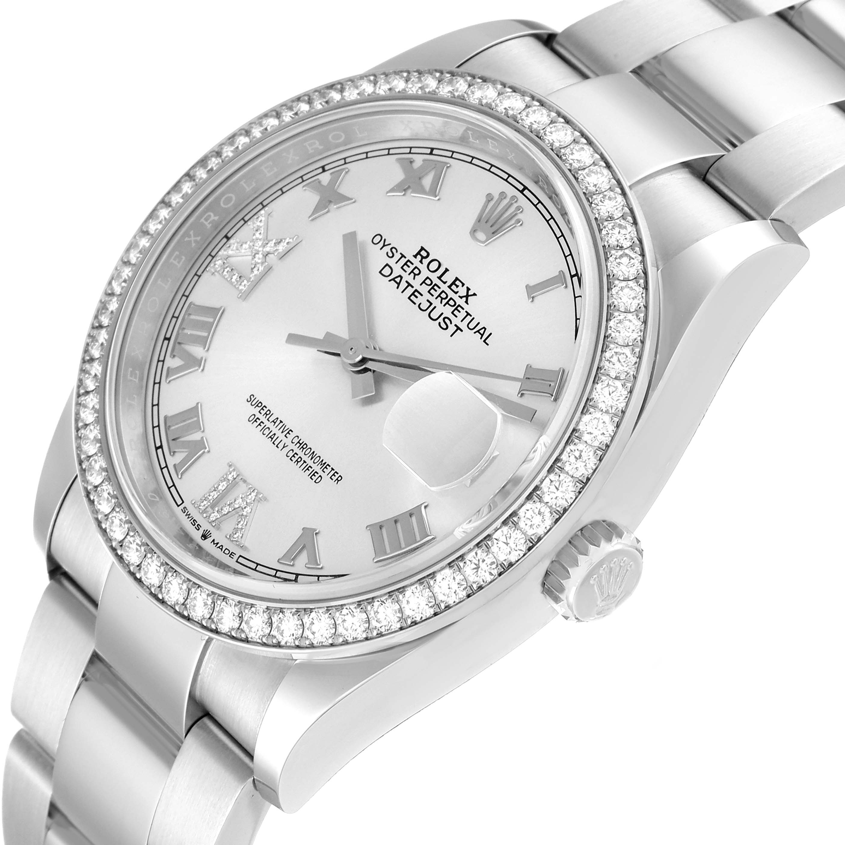 This image showcases a Rolex Datejust 126284 Men's Stainless Steel Silver Dial 126284 Men's Stainless Steel Silver Dial watch at a slight side angle, emphasizing the dial, bezel, and bracelet.