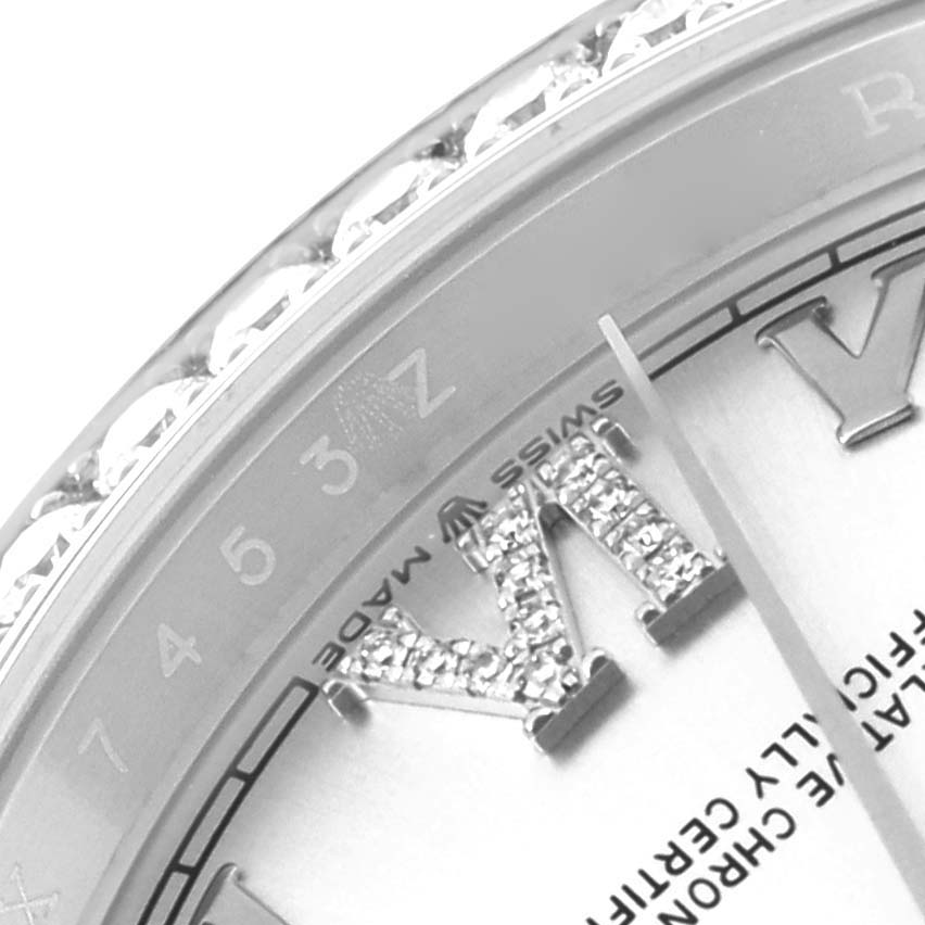 The image shows a close-up of the dial and bezel area of the Rolex Datejust 126284 Men's Stainless Steel Silver Dial 126284 Men's Stainless Steel Silver Dial, highlighting the Swiss Made text and hour markers.