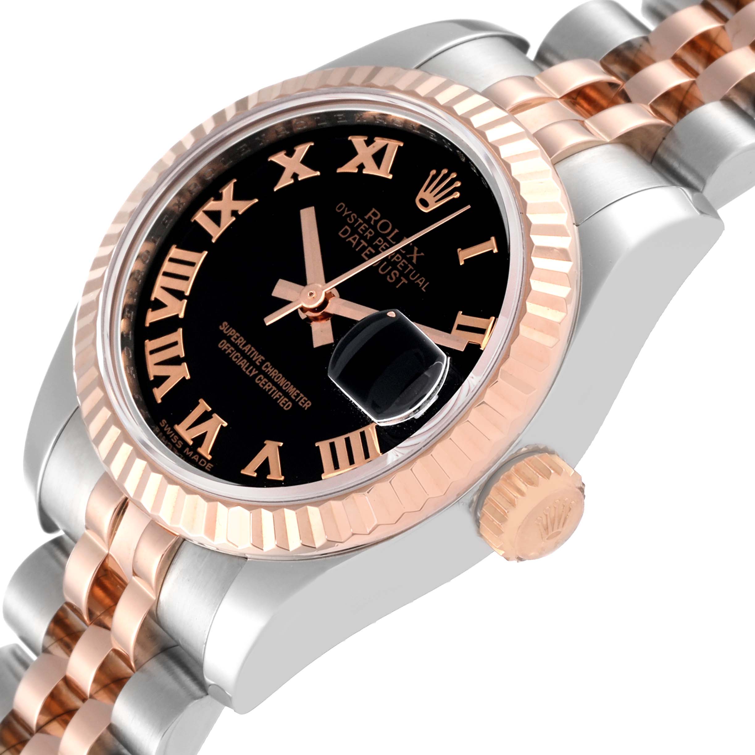 The image shows a close-up angled view of a Rolex Datejust 179171 Women's Steel and Gold (two tone) Black Dial 179171 Women's Steel and Gold (two tone) Black Dial watch, featuring the dial, bezel, crown, and part of the bracelet.