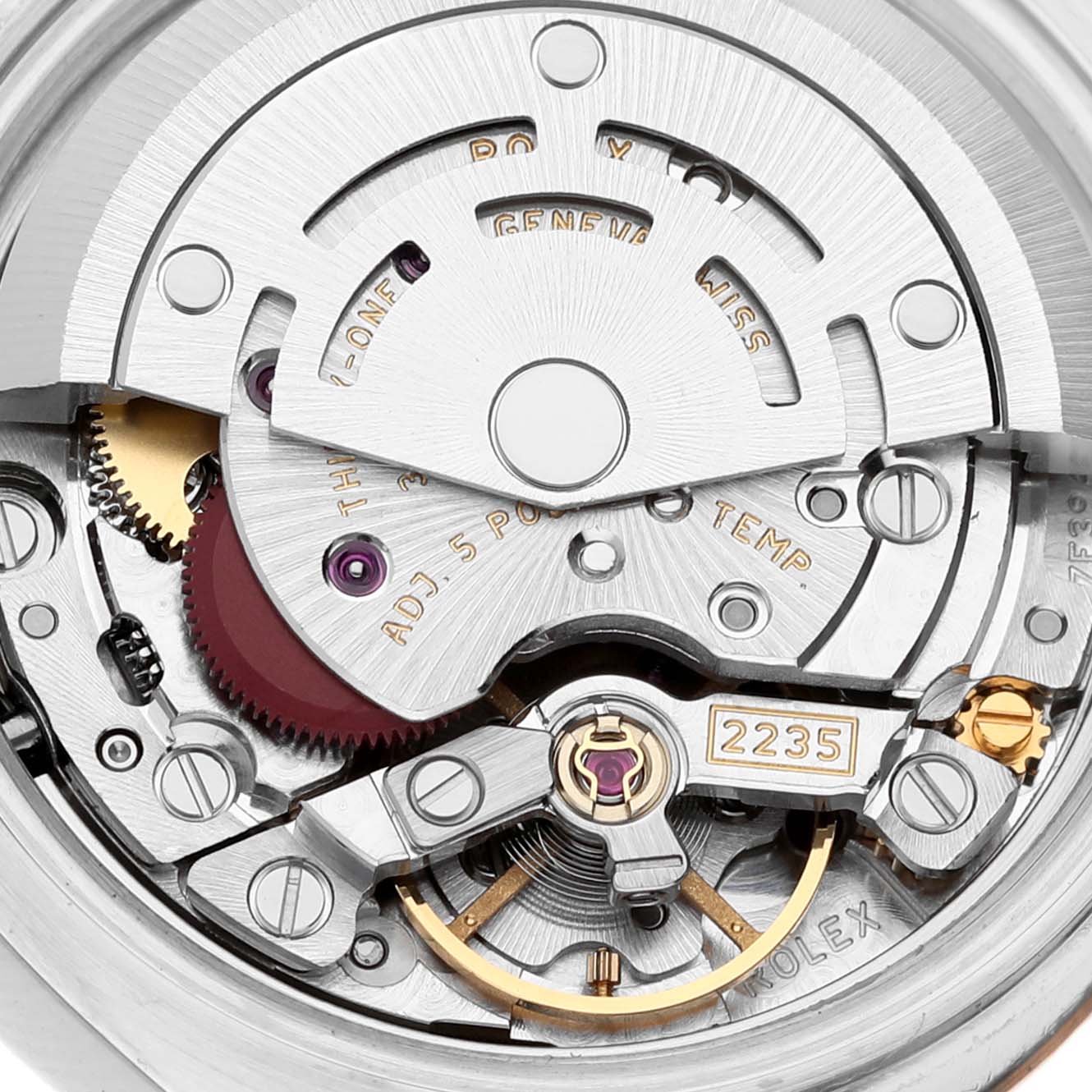 The image shows the movement mechanism of the Rolex Datejust 179171 Women's Steel and Gold (two tone) Black Dial 179171 Women's Steel and Gold (two tone) Black Dial watch from an internal angle, highlighting its intricate components.