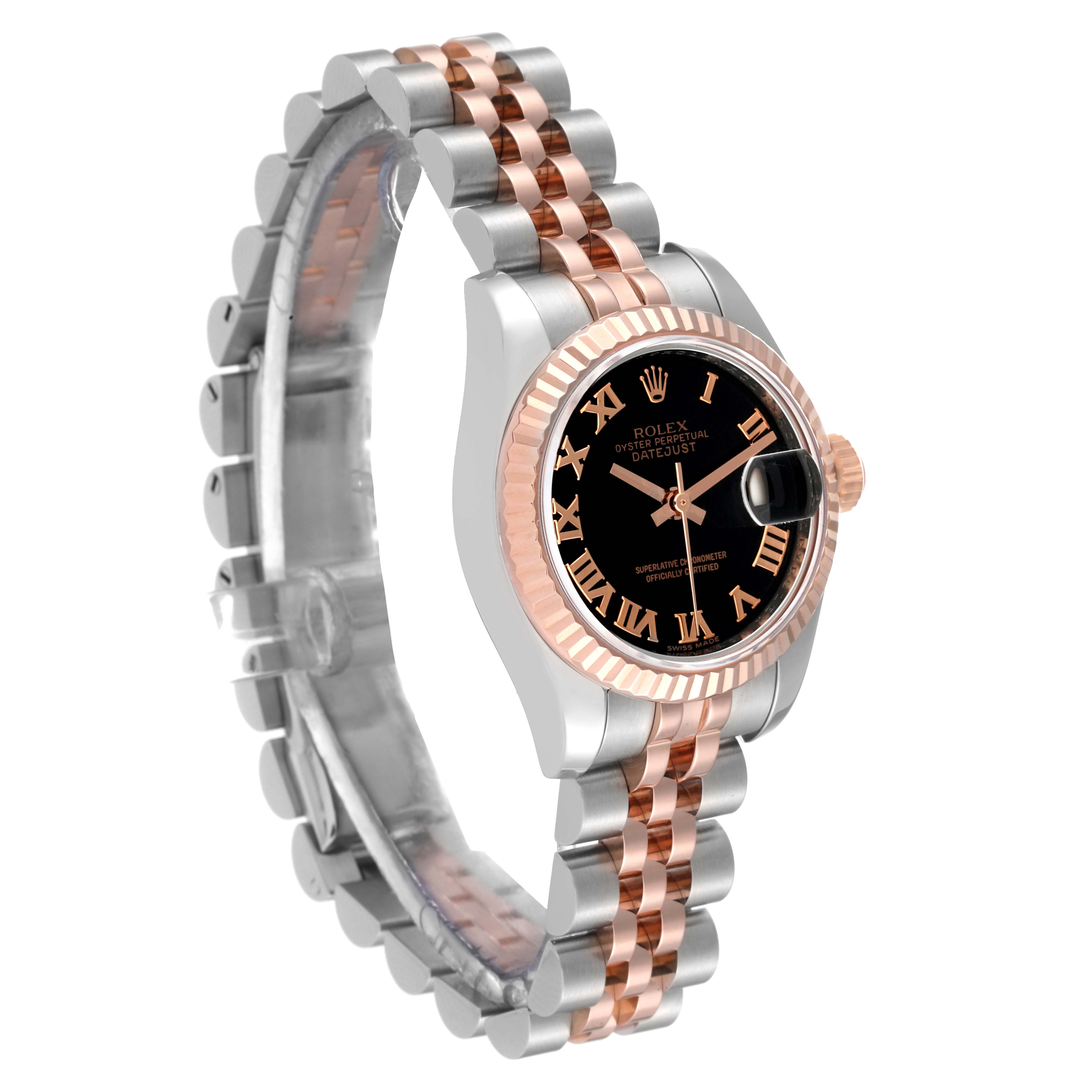 The Rolex Datejust 179171 Women's Steel and Gold (two tone) Black Dial 179171 Women's Steel and Gold (two tone) Black Dial watch is shown at a three-quarter angle, displaying its face, fluted bezel, and two-tone bracelet.