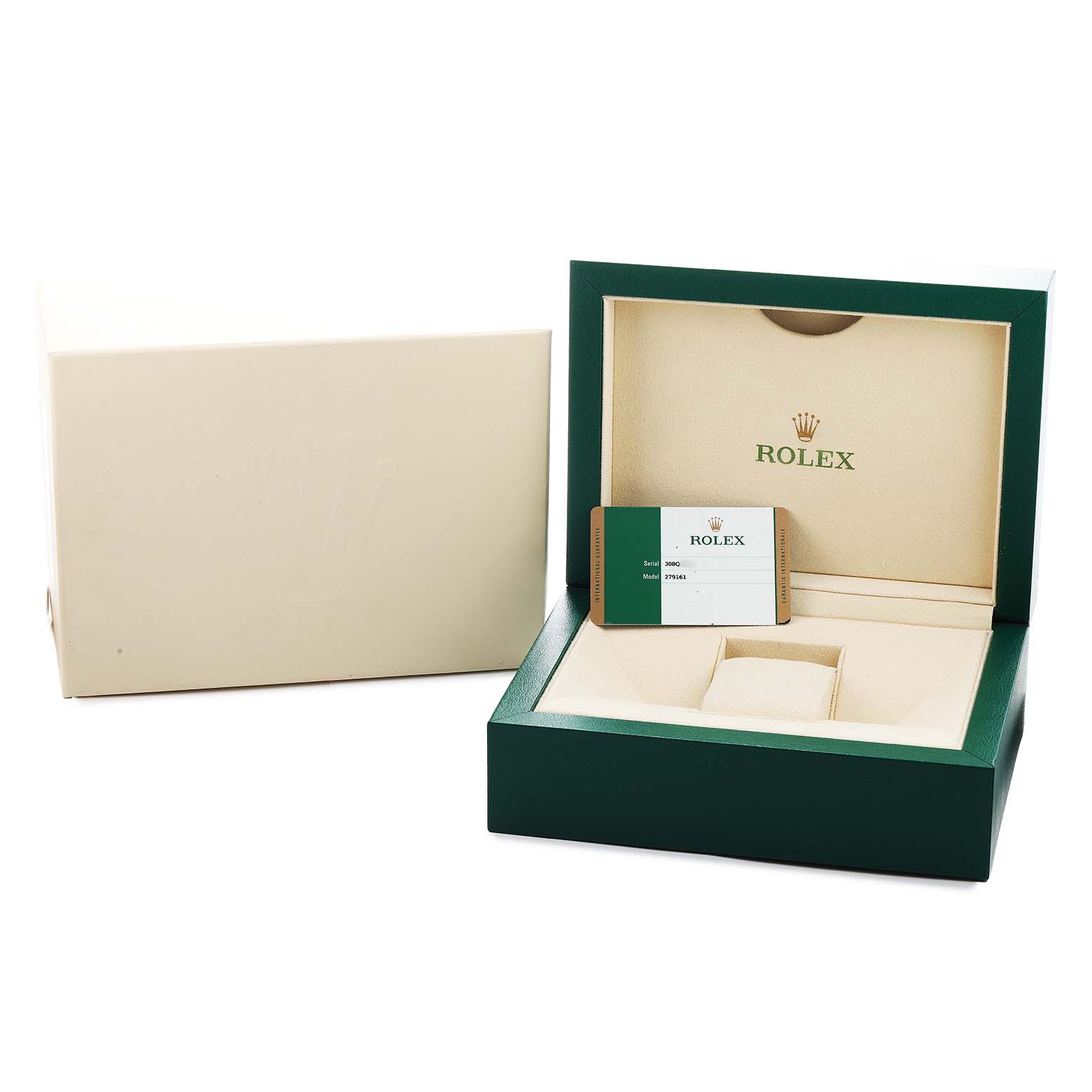 The image shows the packaging for a Rolex Datejust 279161 Women's Steel and Gold (two tone) Silver Dial, including an open green box and card, viewed from the front.