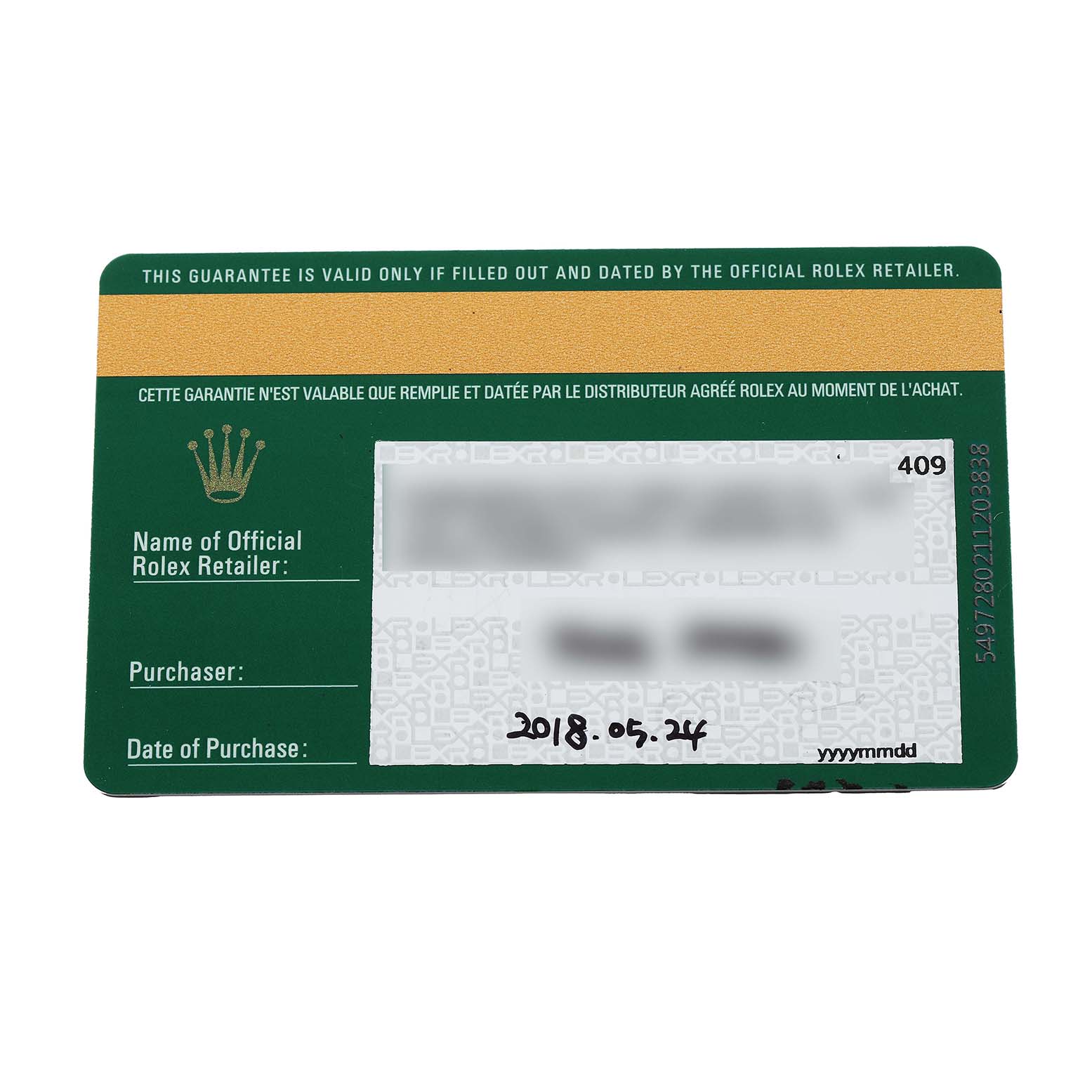 The image shows a guarantee card for a Rolex Datejust 279161 Women's Steel and Gold (two tone) Silver Dial watch, with retailer details and purchase date.