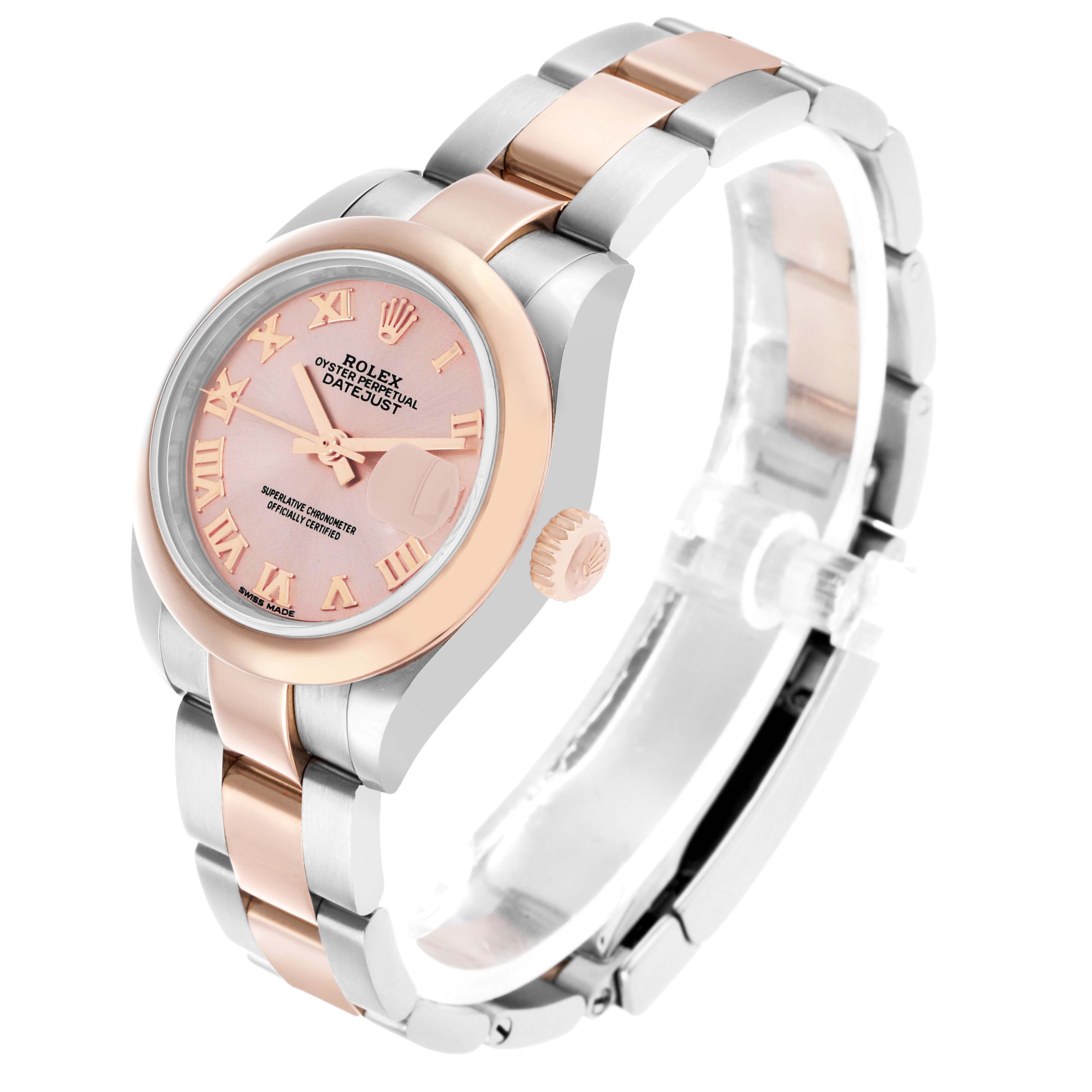 The Rolex Datejust 279161 Women's Steel and Gold (two tone) Silver Dial watch is shown at an angle displaying the face, crown, and part of the bracelet.