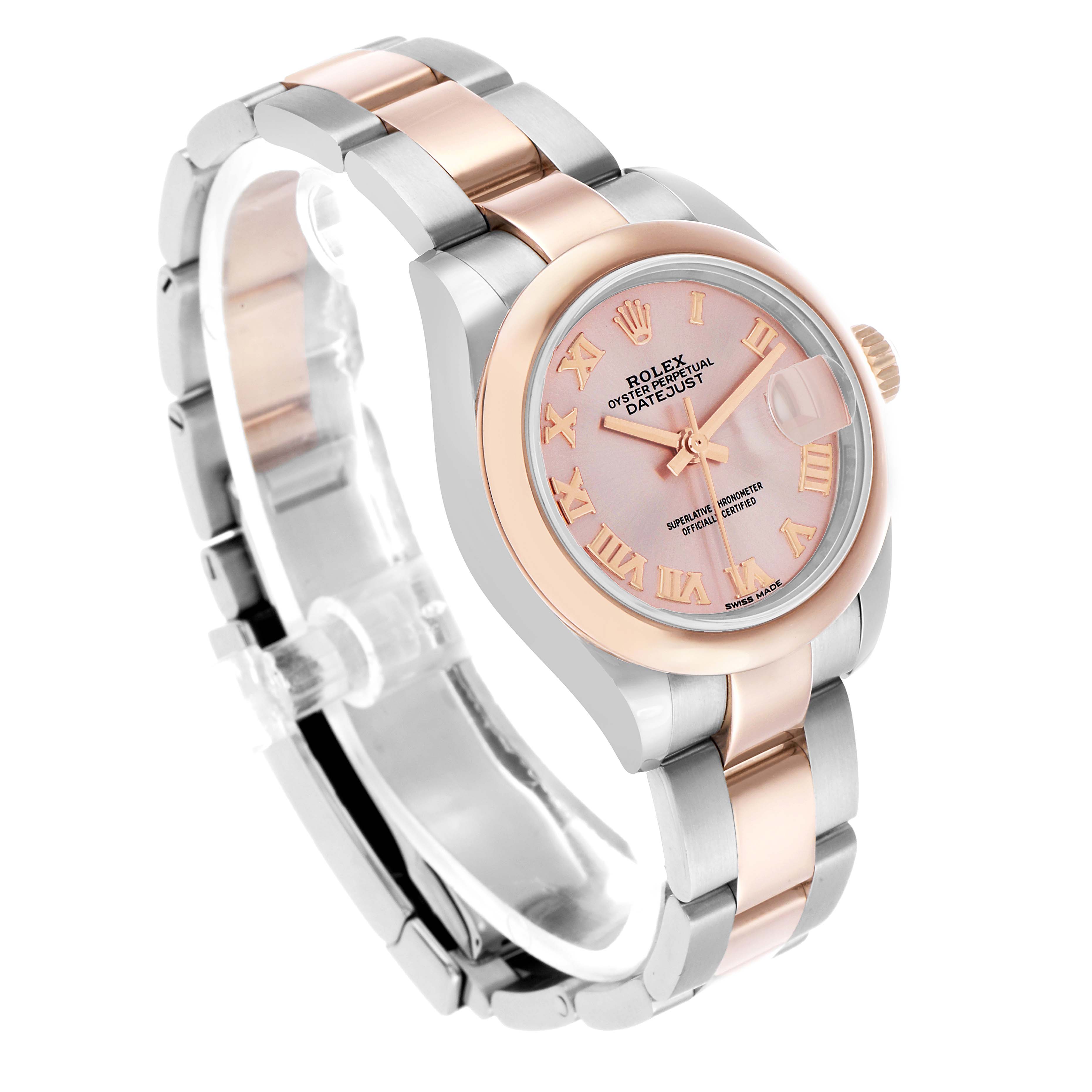 The Rolex Datejust 279161 Women's Steel and Gold (two tone) Silver Dial watch is shown at an angled view, displaying the face, bezel, and part of the bracelet.