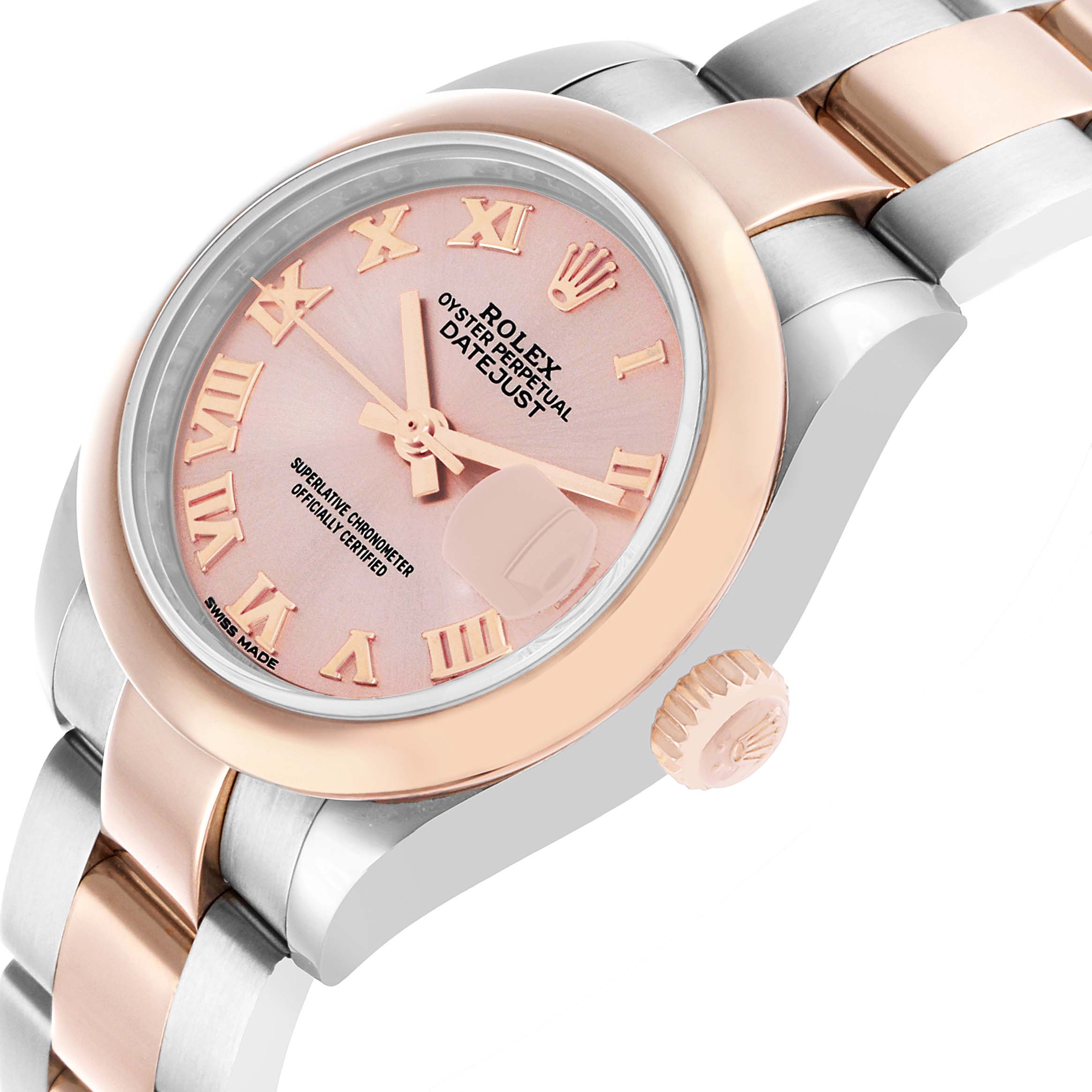 The Rolex Datejust 279161 Women's Steel and Gold (two tone) Silver Dial is shown at a side angle featuring the face, bezel, crown, and part of the bracelet.