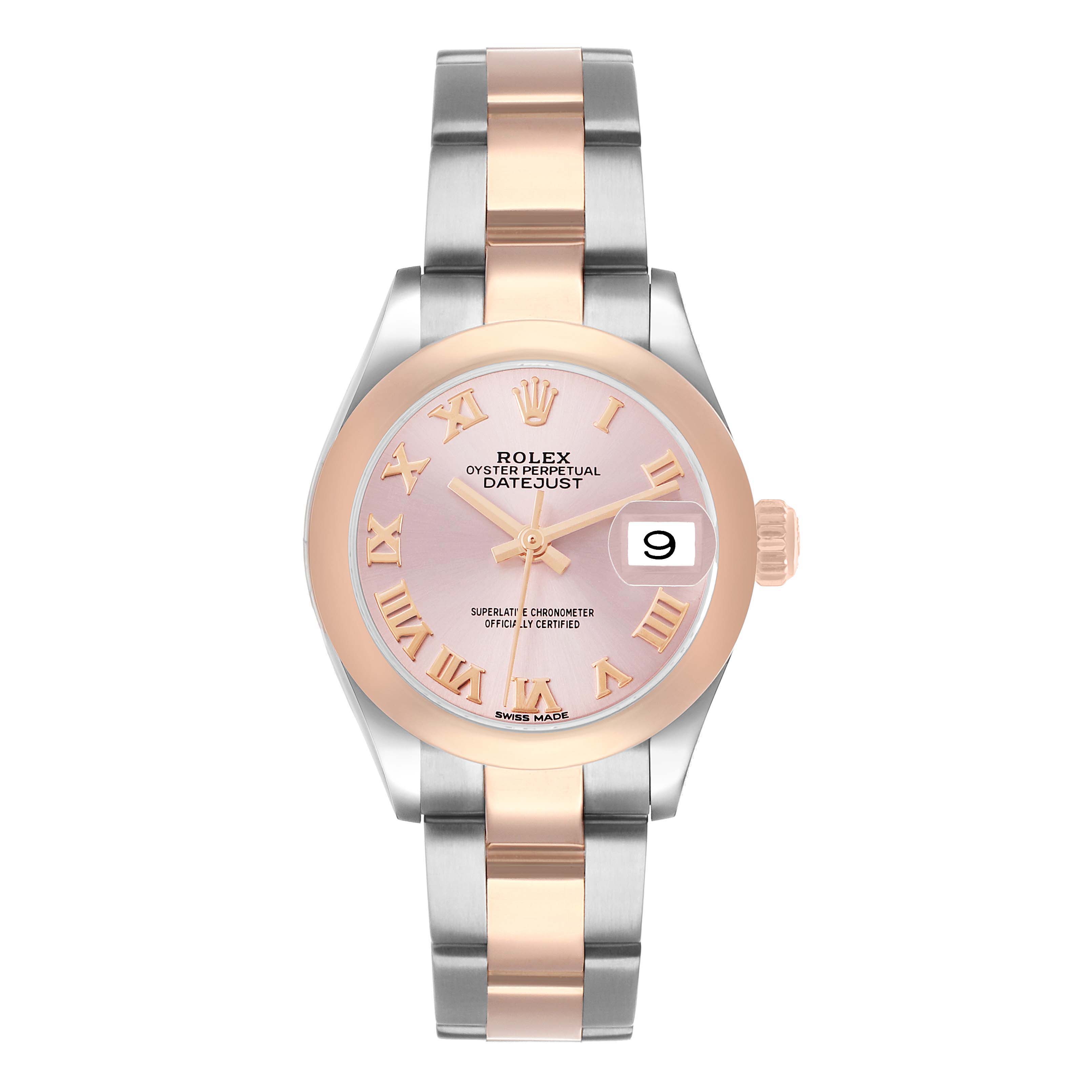 The Rolex Datejust 279161 Women's Steel and Gold (two tone) Silver Dial is shown from a straight-on angle, highlighting its pink dial, gold Roman numerals, and two-tone bracelet.