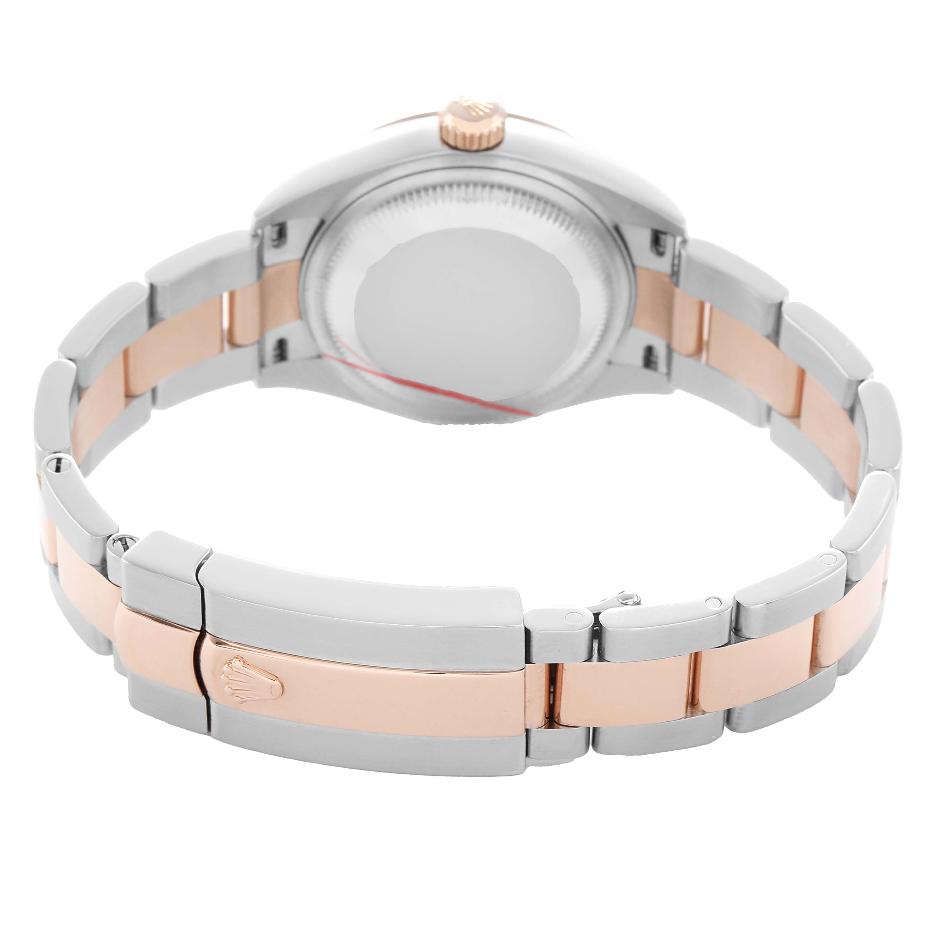 The image shows the back of a Rolex Datejust 279161 Women's Steel and Gold (two tone) Silver Dial watch with its bracelet and clasp in view.