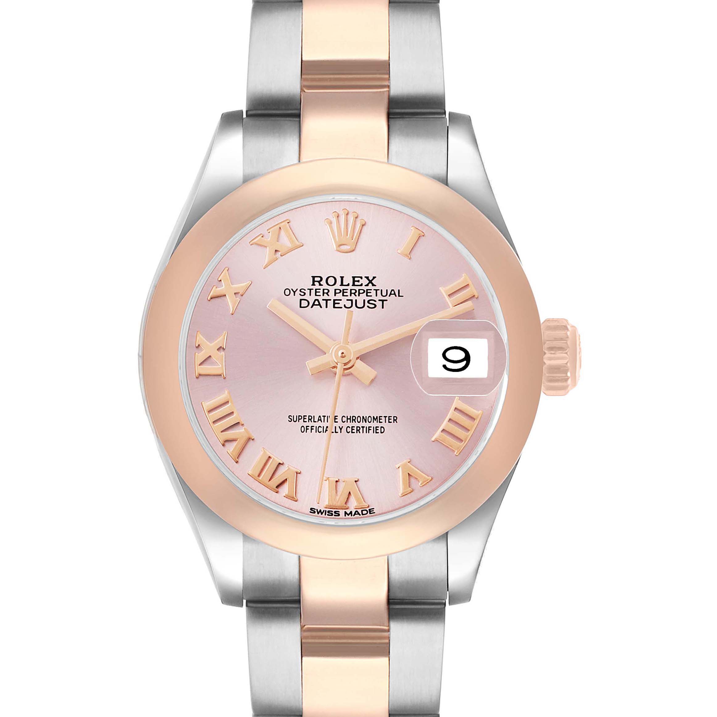 The Rolex Datejust 279161 Women's Steel and Gold (two tone) Silver Dial watch is shown from the front, displaying its pink dial, Roman numerals, date window, and two-tone bracelet.