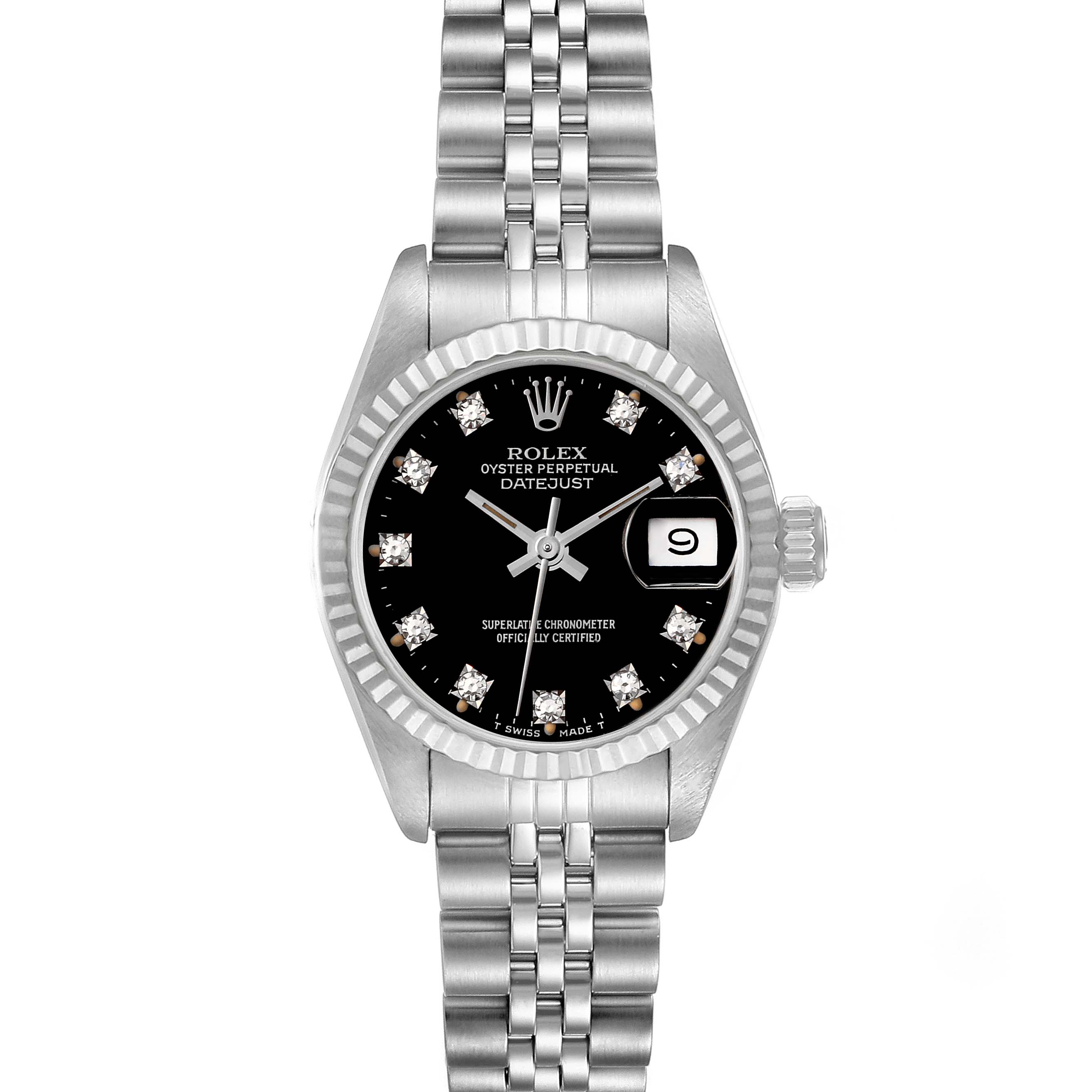 The image shows a frontal view of a Rolex Datejust 69174 Women's Stainless Steel Black Dial 69174 Women's Stainless Steel Black Dial watch with a black dial, diamond markers, and a silver jubilee bracelet.