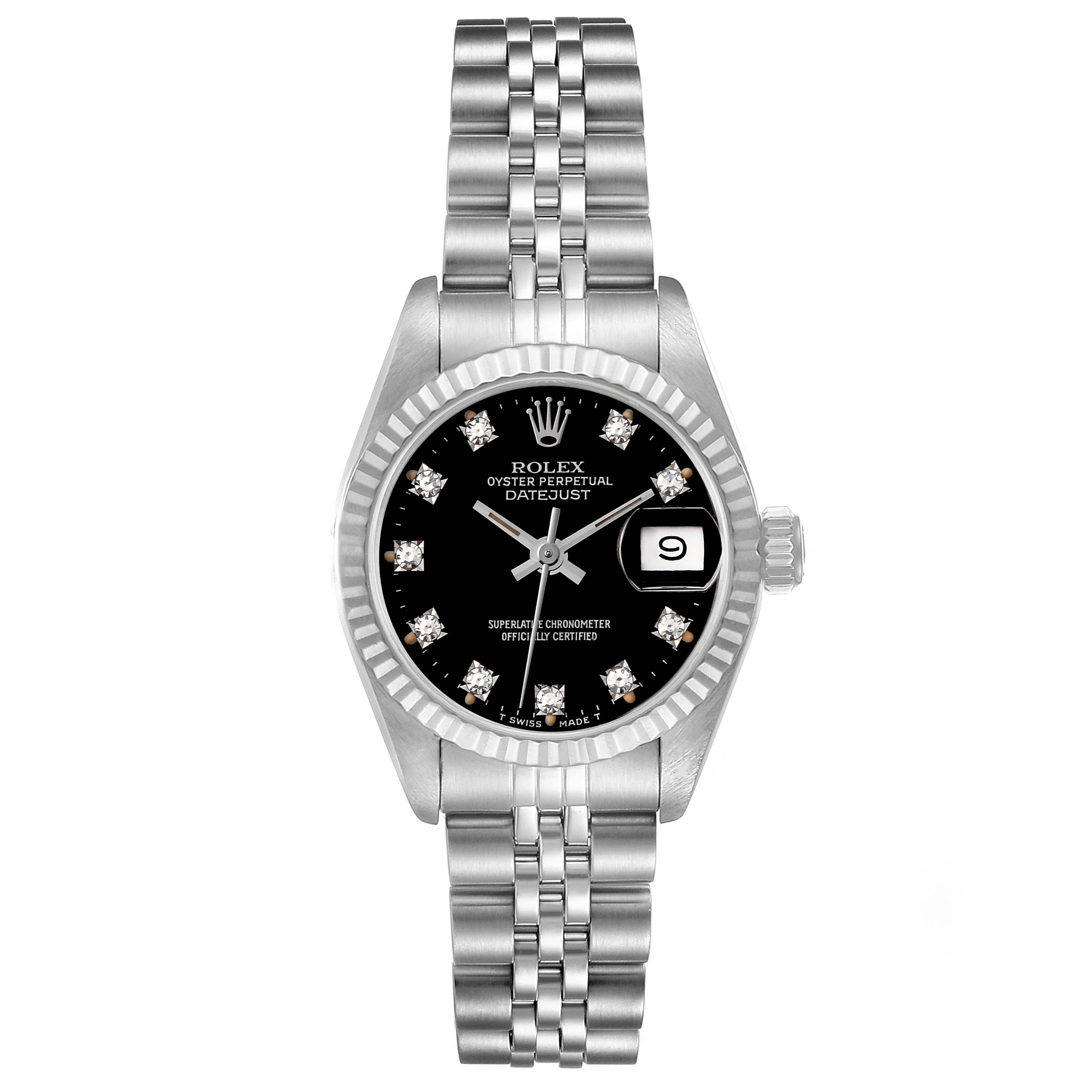 The image shows a frontal view of the Rolex Datejust 69174 Women's Stainless Steel Black Dial 69174 Women's Stainless Steel Black Dial watch displaying the dial, bezel, and bracelet.