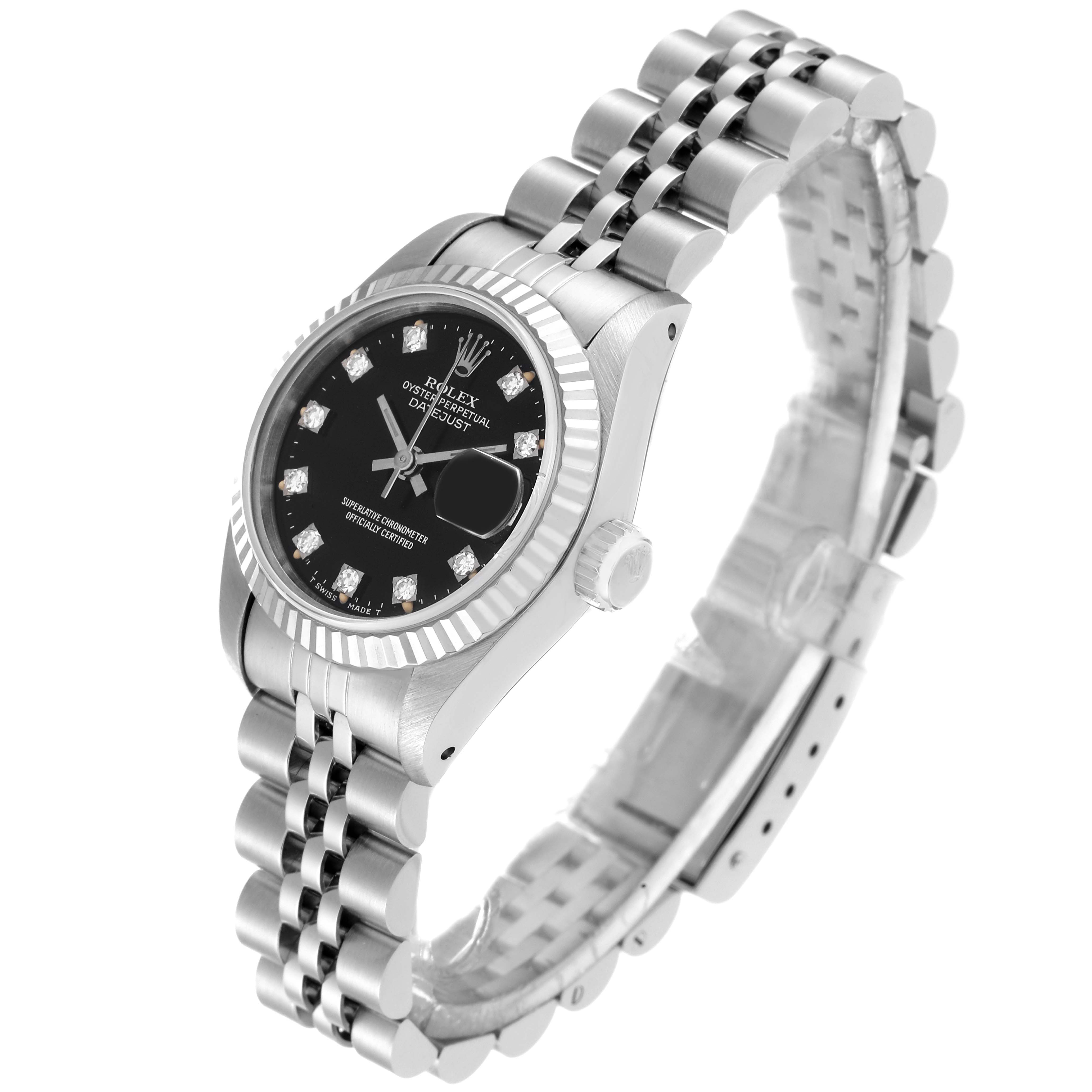 The image shows a side angle of a Rolex Datejust 69174 Women's Stainless Steel Black Dial 69174 Women's Stainless Steel Black Dial watch, highlighting the black dial with diamond markers and the silver bracelet.