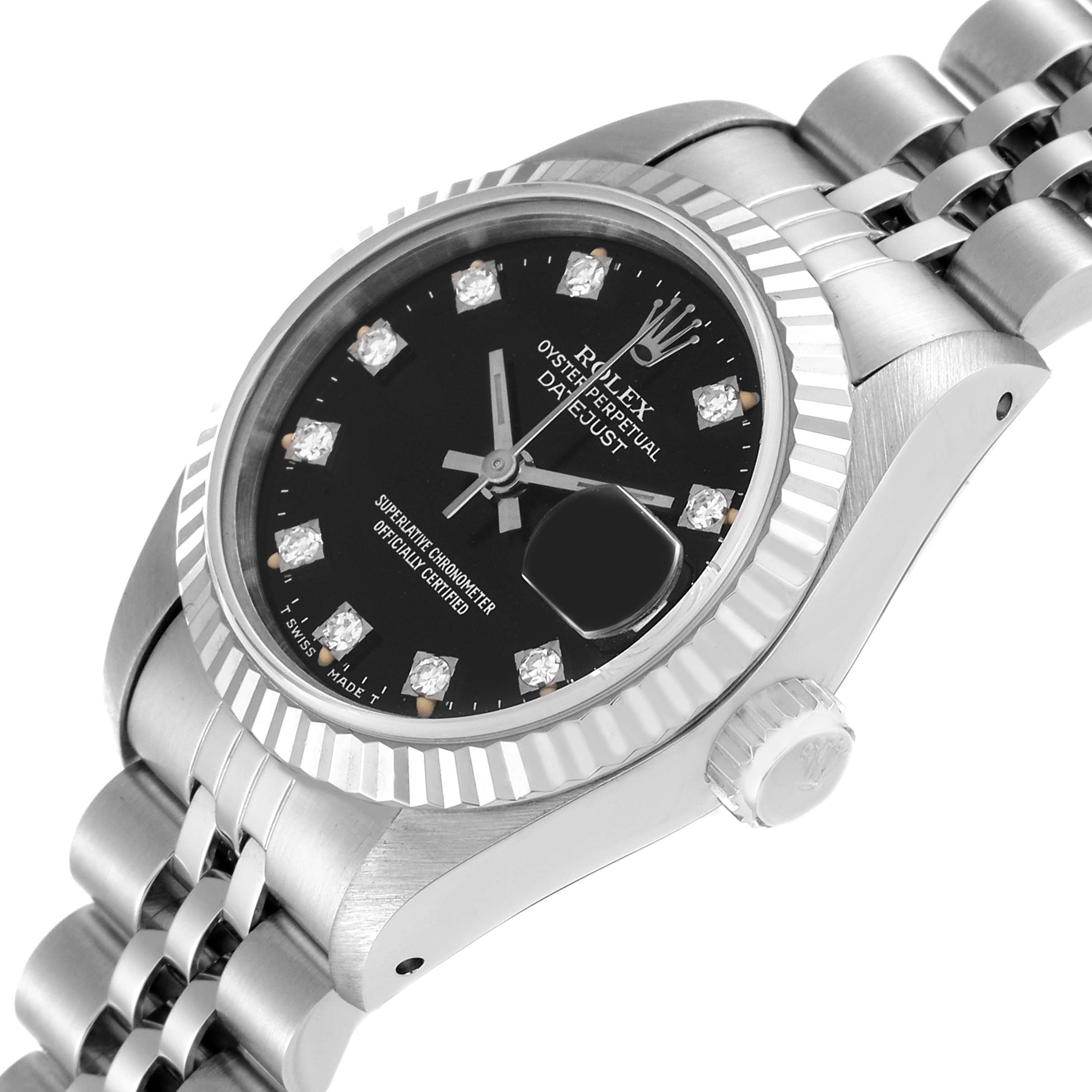 This is a Rolex Datejust 69174 Women's Stainless Steel Black Dial 69174 Women's Stainless Steel Black Dial watch shown from a slight side angle, displaying the face, bezel, bracelet, and crown.