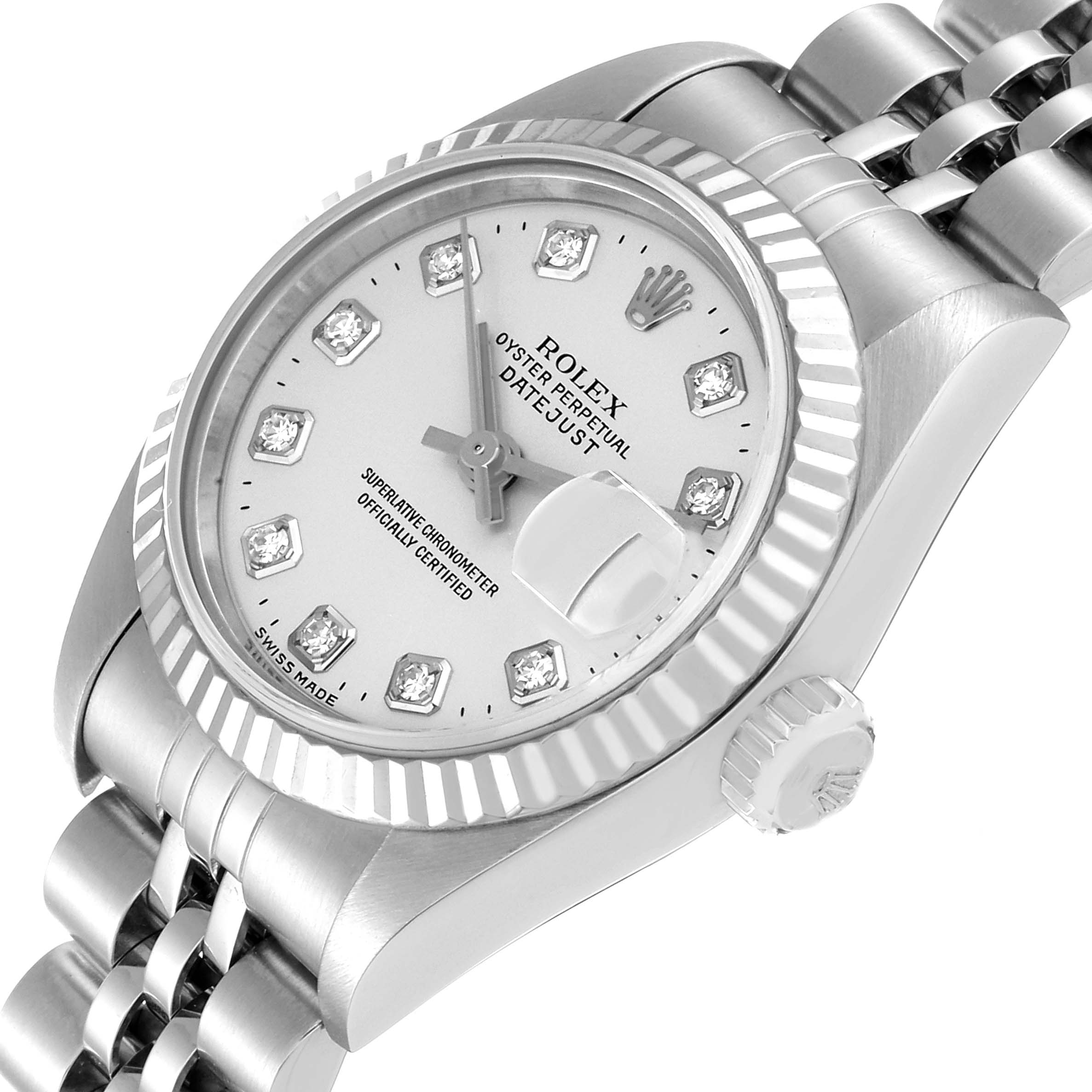 The image shows a Rolex Datejust 79174 Women's Stainless Steel Silver Dial 79174 Women's Stainless Steel Silver Dial watch from a slightly tilted side angle, highlighting the dial, bezel, and part of the bracelet.