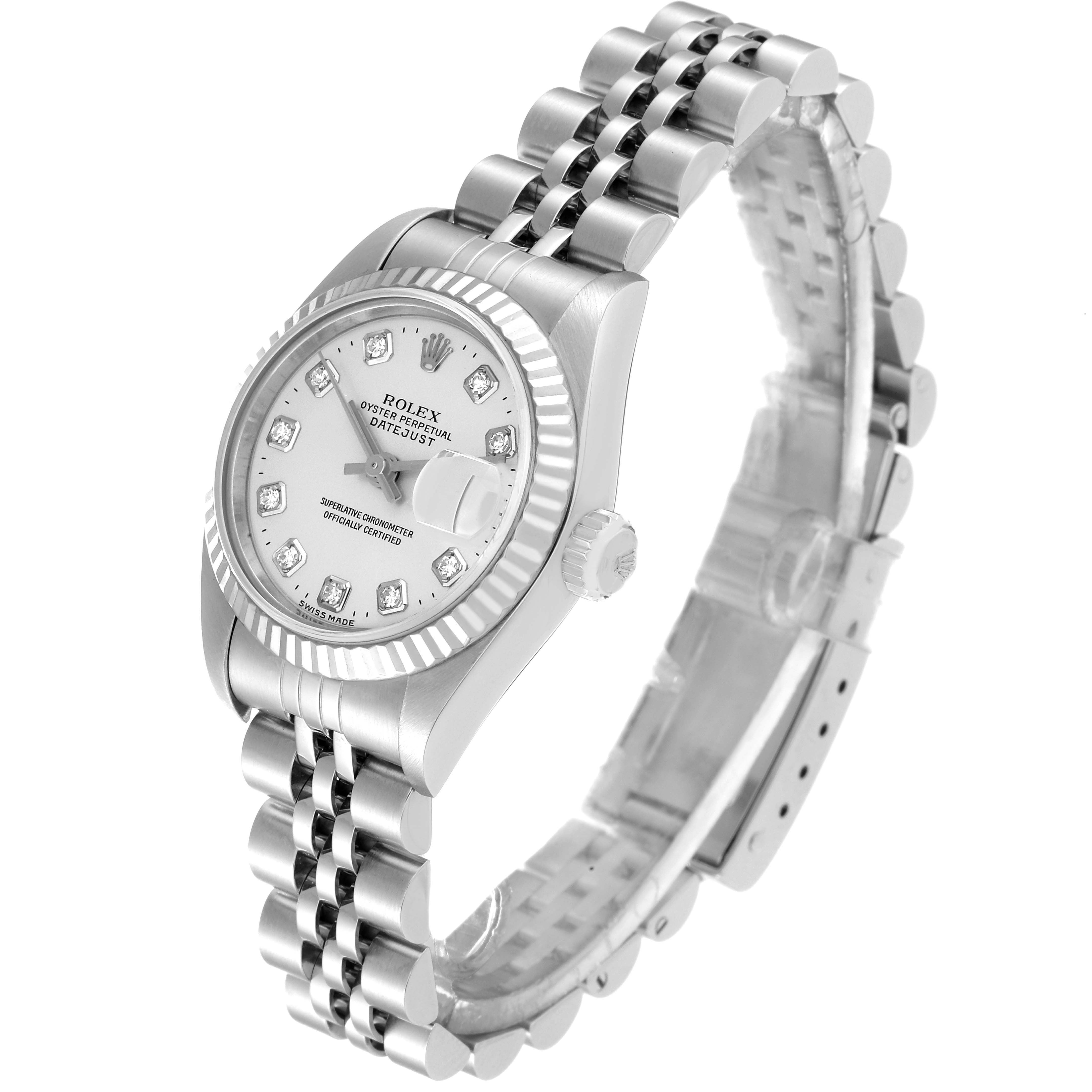 This image shows a Rolex Datejust 79174 Women's Stainless Steel Silver Dial 79174 Women's Stainless Steel Silver Dial watch from an angled view, displaying the face, bezel, crown, and bracelet.