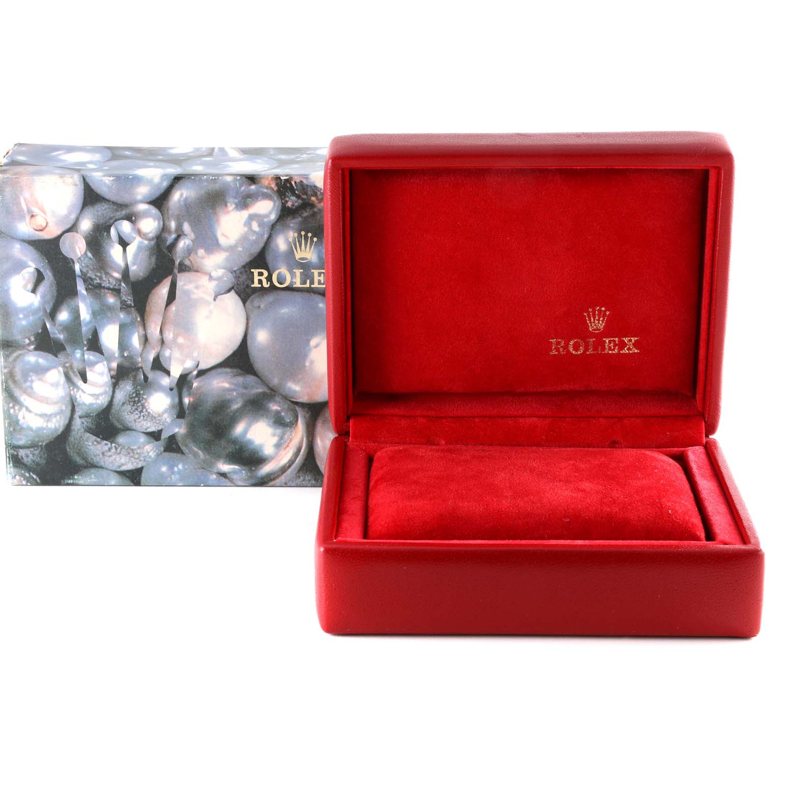 The image shows a Rolex Datejust 79174 Women's Stainless Steel Silver Dial 79174 Women's Stainless Steel Silver Dial watch box with an open red velvet interior and a themed exterior.
