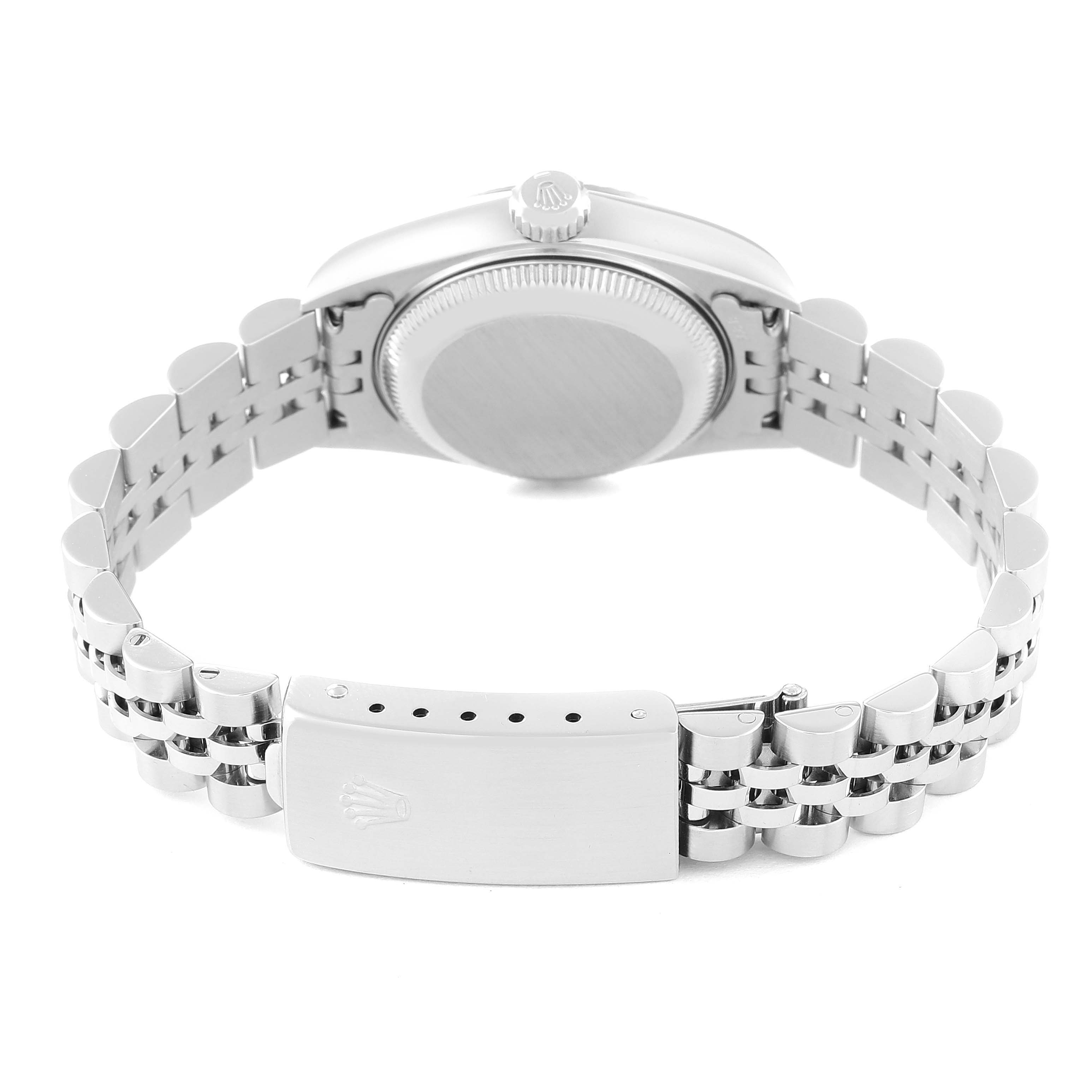 The image shows the back view of the Rolex Datejust 79174 Women's Stainless Steel Silver Dial 79174 Women's Stainless Steel Silver Dial watch, highlighting its closed clasp and stainless steel bracelet.
