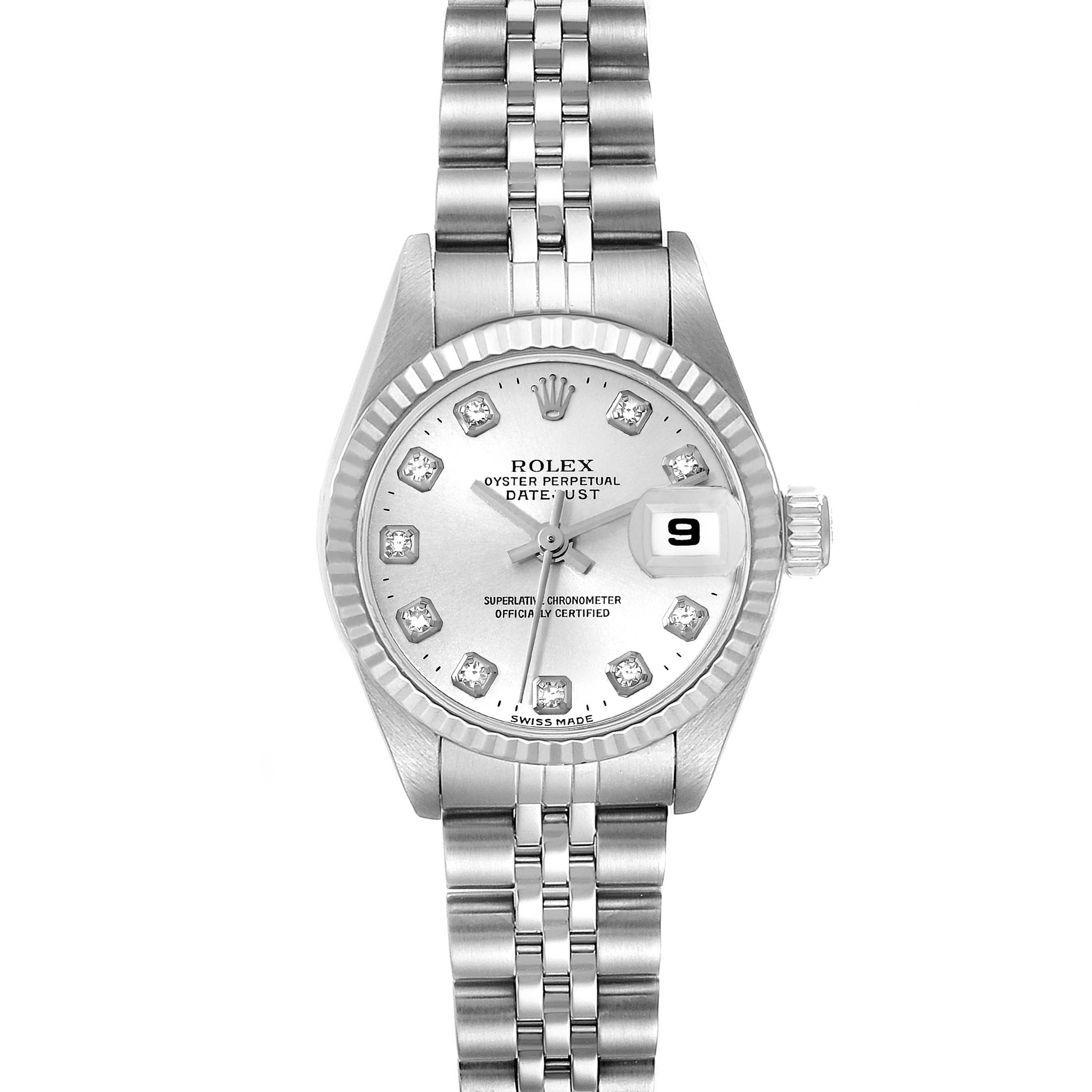 This image shows a Rolex Datejust 79174 Women's Stainless Steel Silver Dial 79174 Women's Stainless Steel Silver Dial watch taken from a top-down angle, displaying the face, bezel, crown, and bracelet.