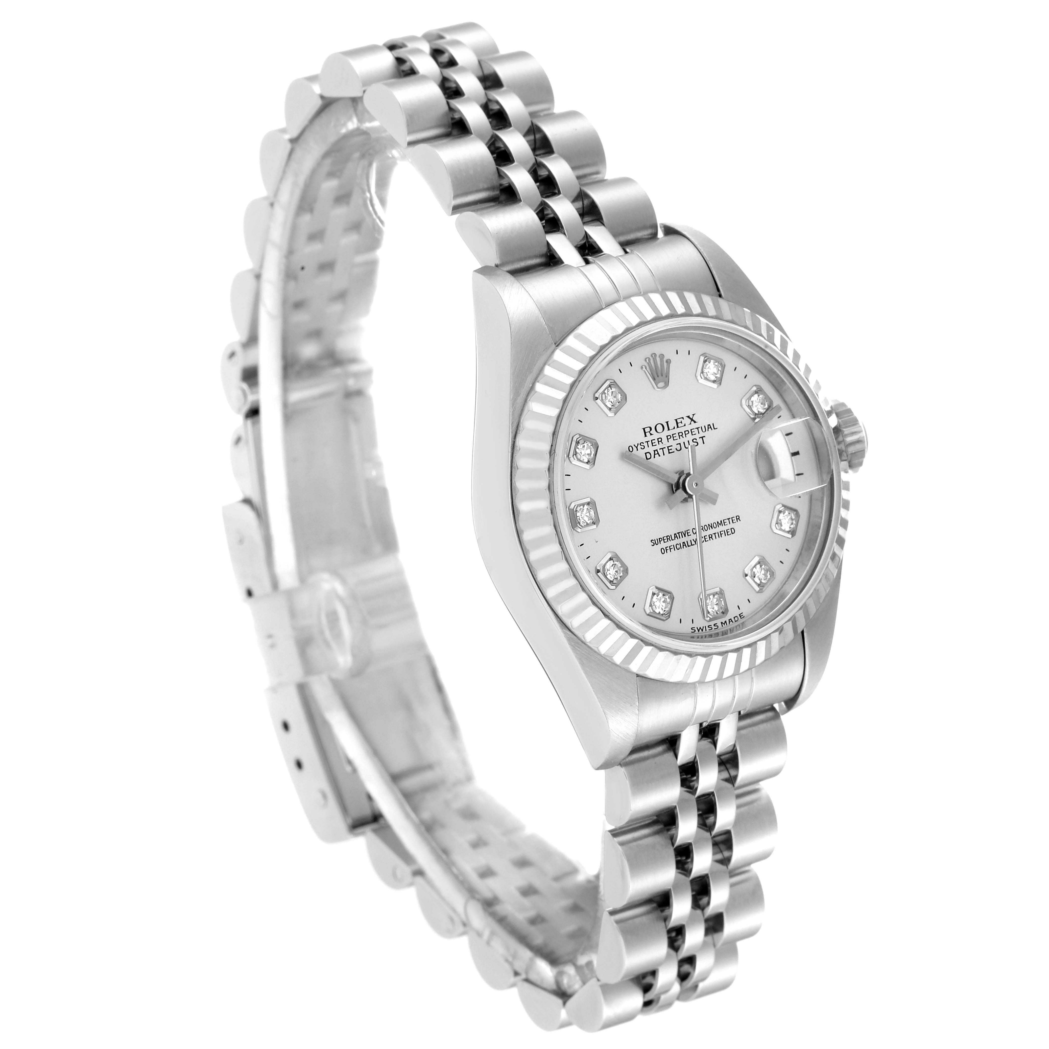 The Rolex Datejust 79174 Women's Stainless Steel Silver Dial 79174 Women's Stainless Steel Silver Dial watch is shown at a three-quarter angle, displaying the dial, bracelet, and clasp.
