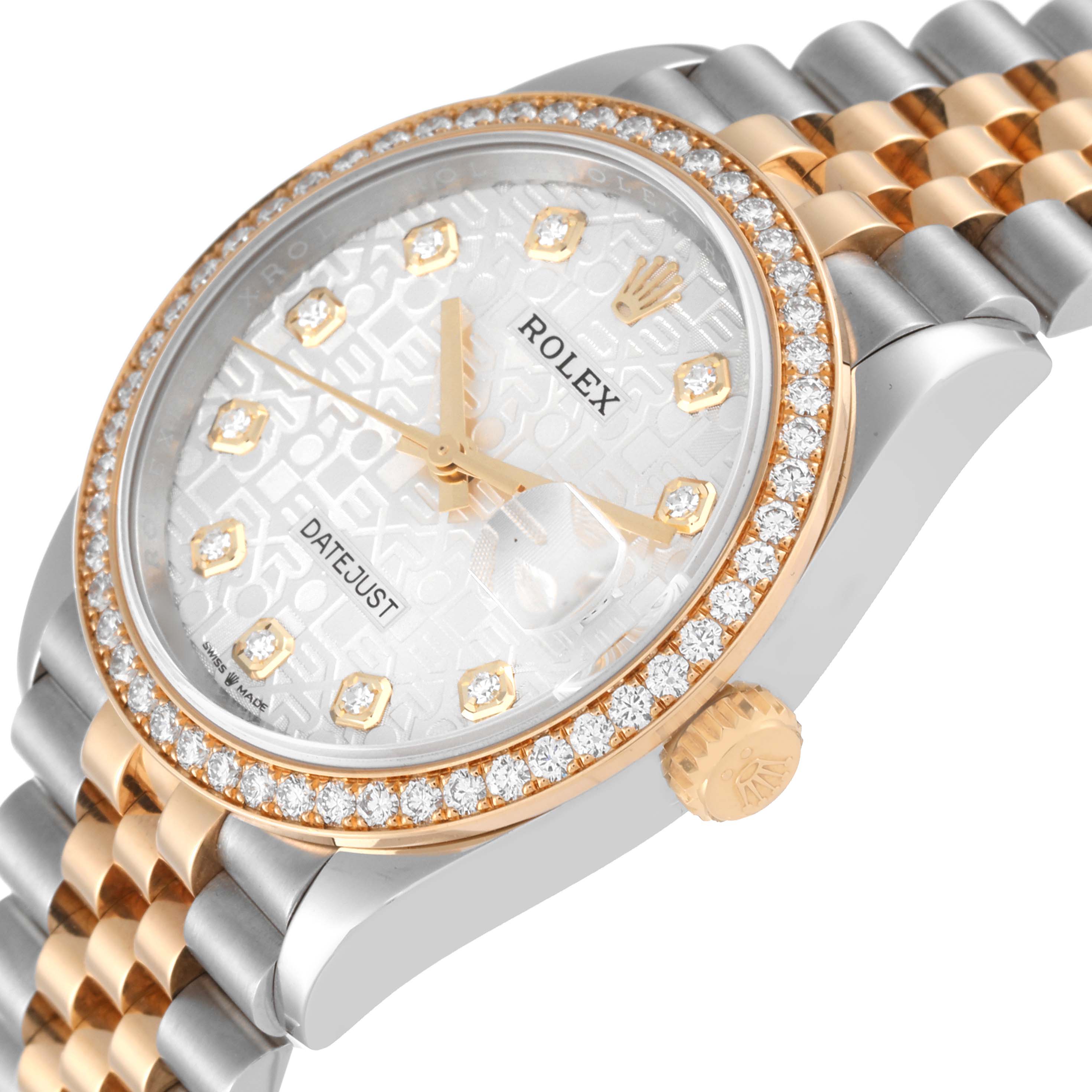 The Rolex Datejust 126283 Men's Steel and Gold (two tone) Silver Dial 126283 Men's Steel and Gold (two tone) Silver Dial watch is shown at an angled view, highlighting the face, bezel, crown, and part of the bracelet.