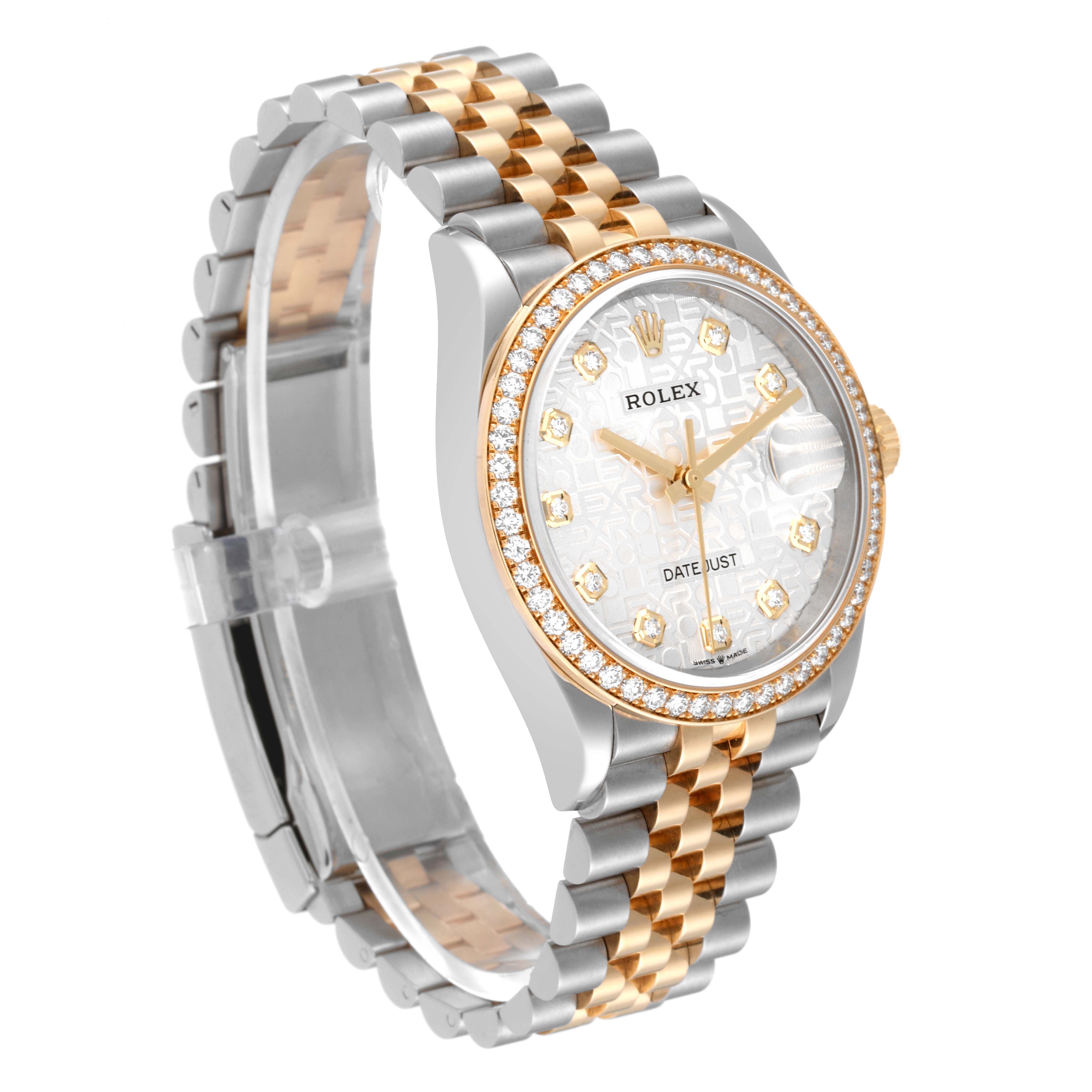 The image shows a Rolex Datejust 126283 Men's Steel and Gold (two tone) Silver Dial 126283 Men's Steel and Gold (two tone) Silver Dial watch at a three-quarter angle, featuring its silver and gold bracelet and diamond-accented bezel.