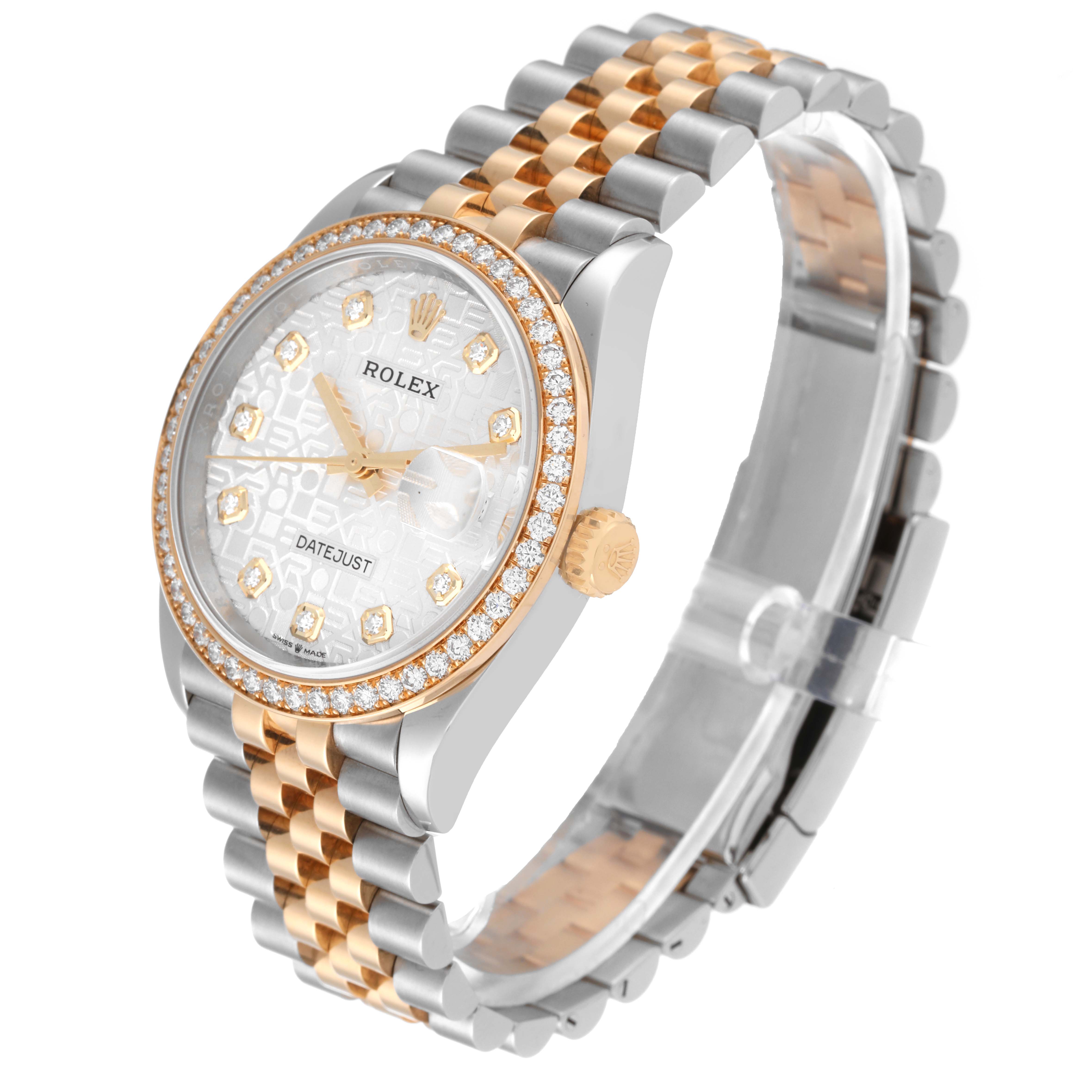 The image shows a Rolex Datejust 126283 Men's Steel and Gold (two tone) Silver Dial 126283 Men's Steel and Gold (two tone) Silver Dial watch at a slight angle, highlighting its face, bezel, and bracelet.