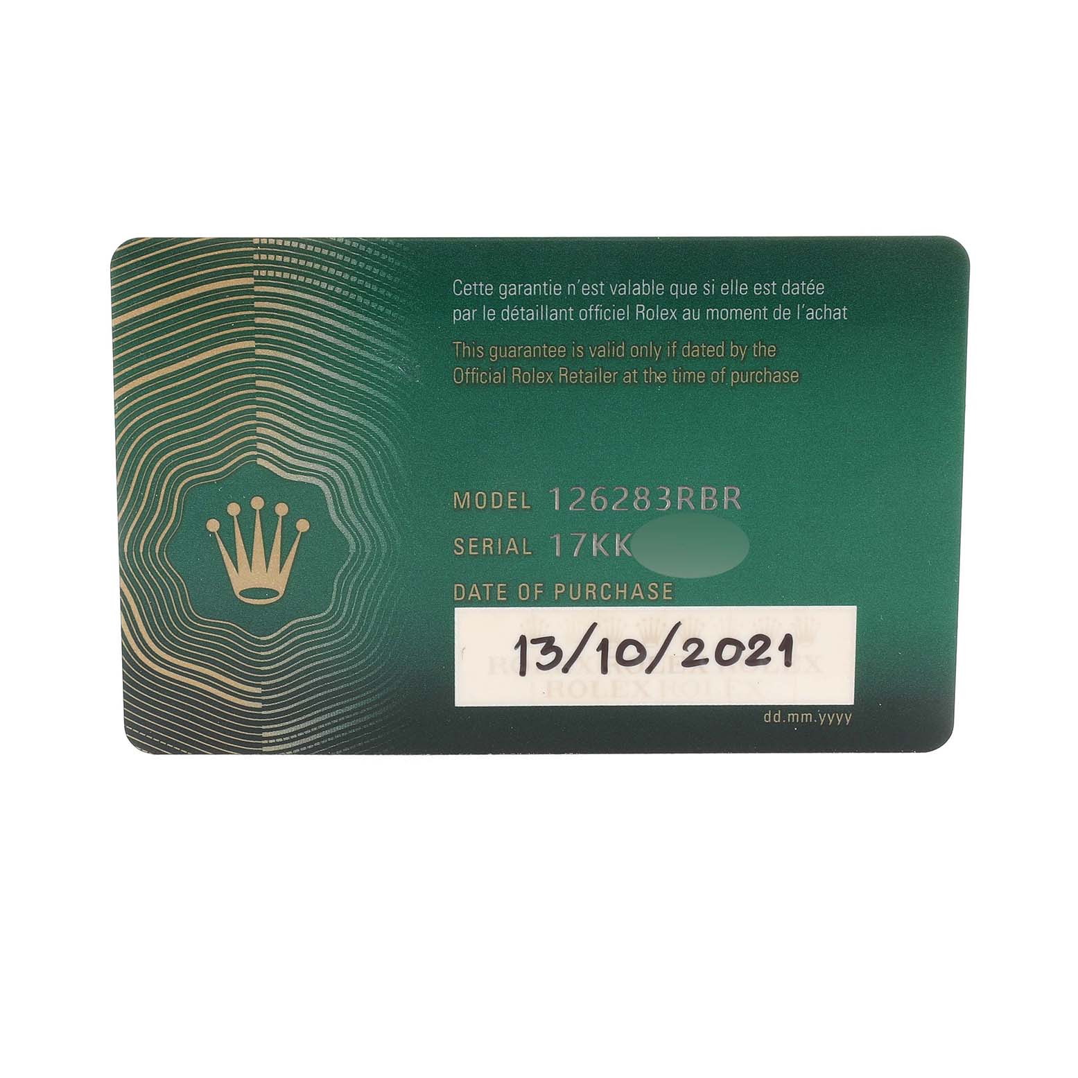 The image shows the guarantee and authenticity card for a Rolex Datejust 126283 Men's Steel and Gold (two tone) Silver Dial 126283 Men's Steel and Gold (two tone) Silver Dial model 126283RBR.