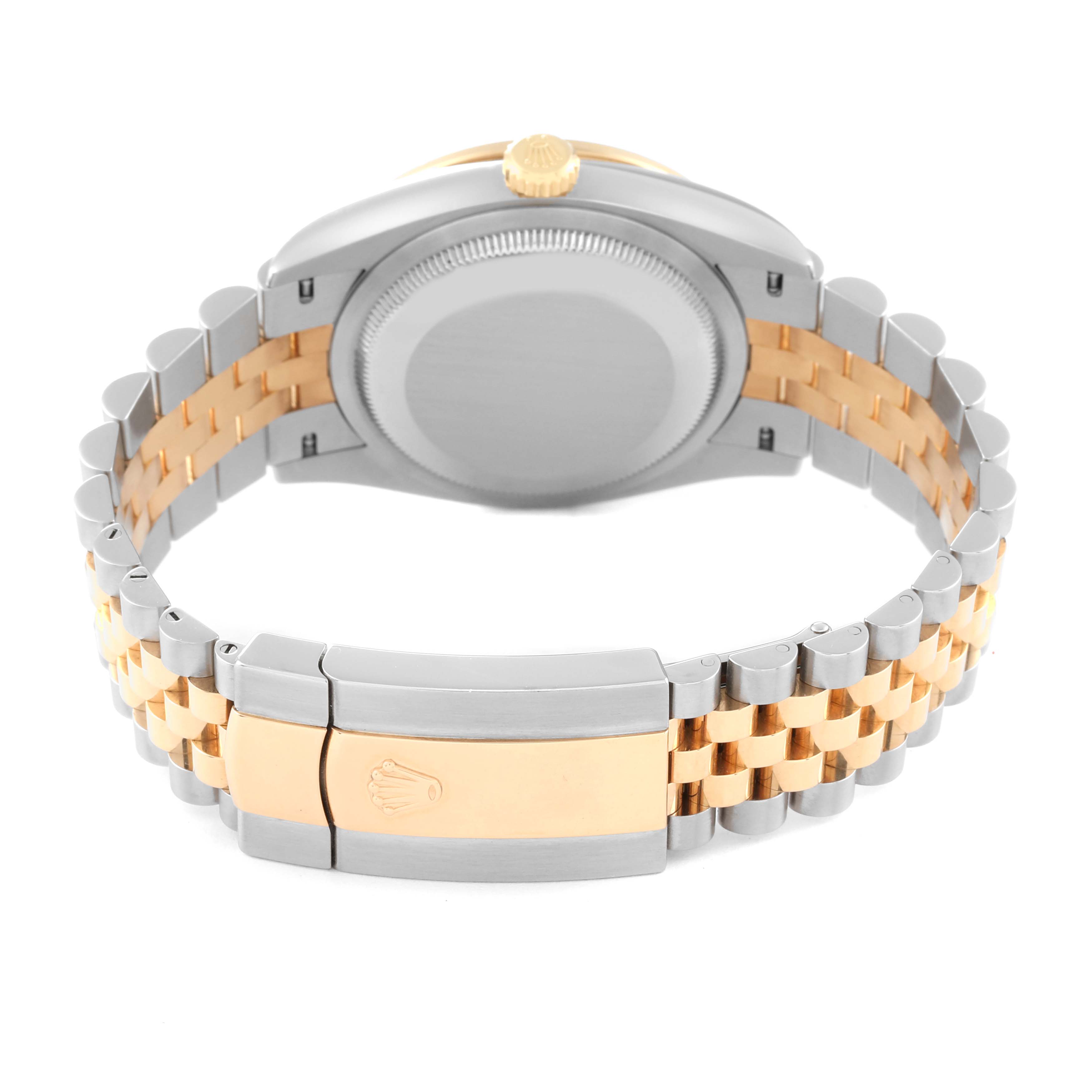 The image shows the back view of a Rolex Datejust 126283 Men's Steel and Gold (two tone) Silver Dial 126283 Men's Steel and Gold (two tone) Silver Dial watch, highlighting its two-tone bracelet and closed clasp.
