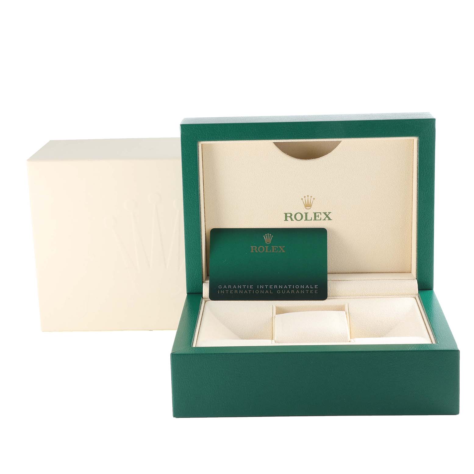 The image shows a Rolex Datejust 126283 Men's Steel and Gold (two tone) Silver Dial 126283 Men's Steel and Gold (two tone) Silver Dial watch's green and beige presentation box with an international guarantee card inside.