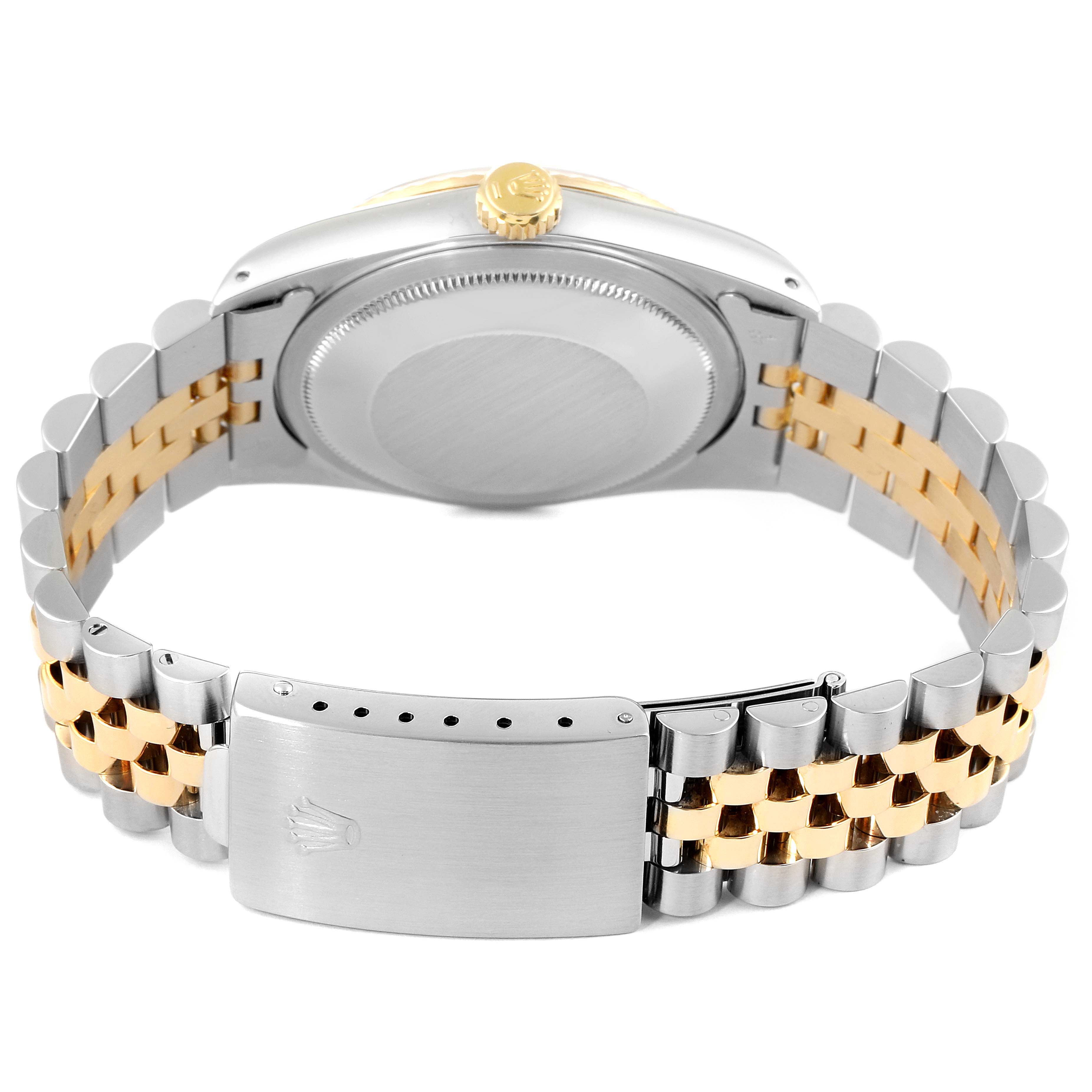 The image shows the back case and bracelet of a Rolex Datejust 16233 Men's Steel and Gold (two tone) Silver Dial 16233 Men's Steel and Gold (two tone) Silver Dial watch, highlighting the jubilee bracelet and clasp.