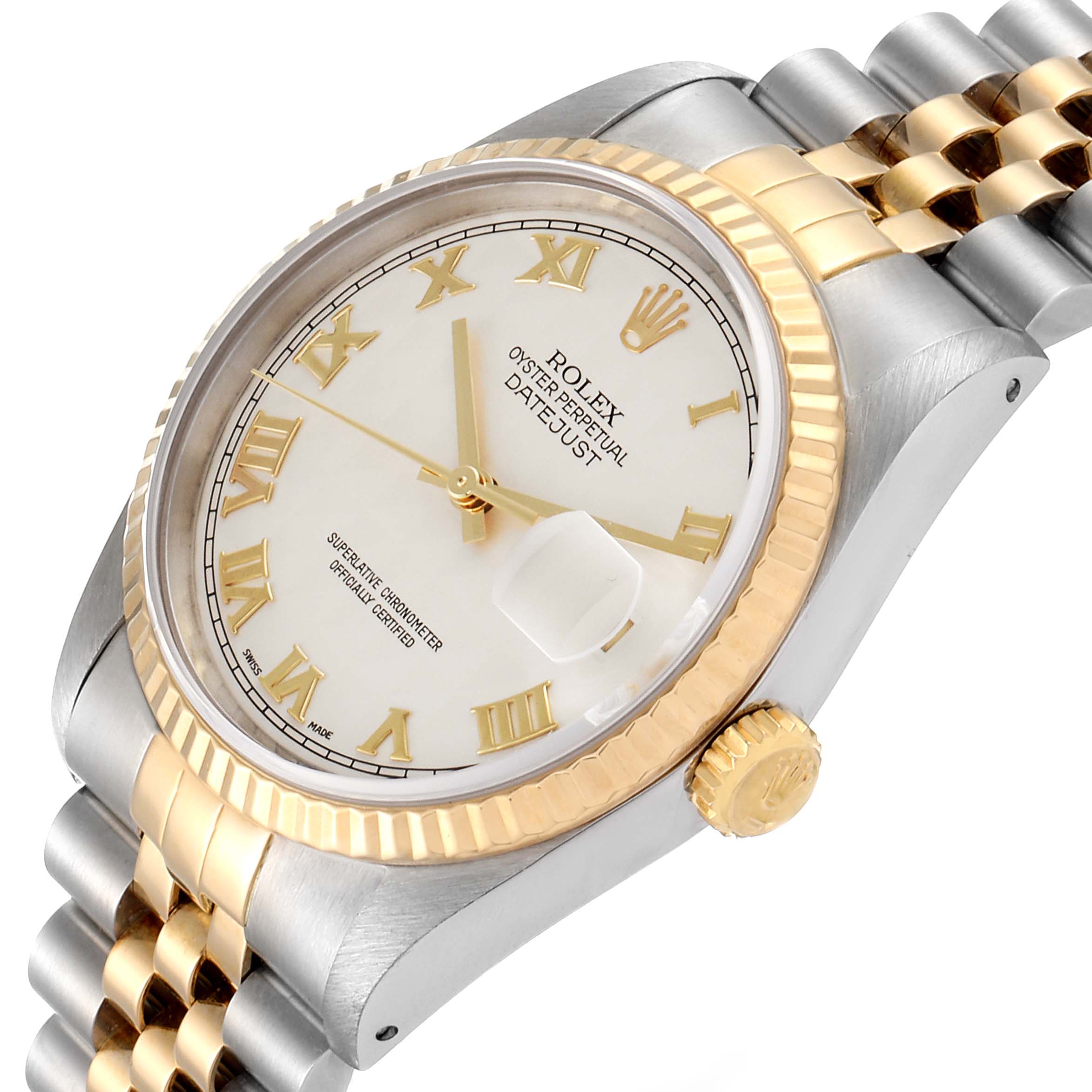 The image shows a Rolex Datejust 16233 Men's Steel and Gold (two tone) Silver Dial 16233 Men's Steel and Gold (two tone) Silver Dial watch model at an angled view displaying the face, bezel, crown, and bracelet.