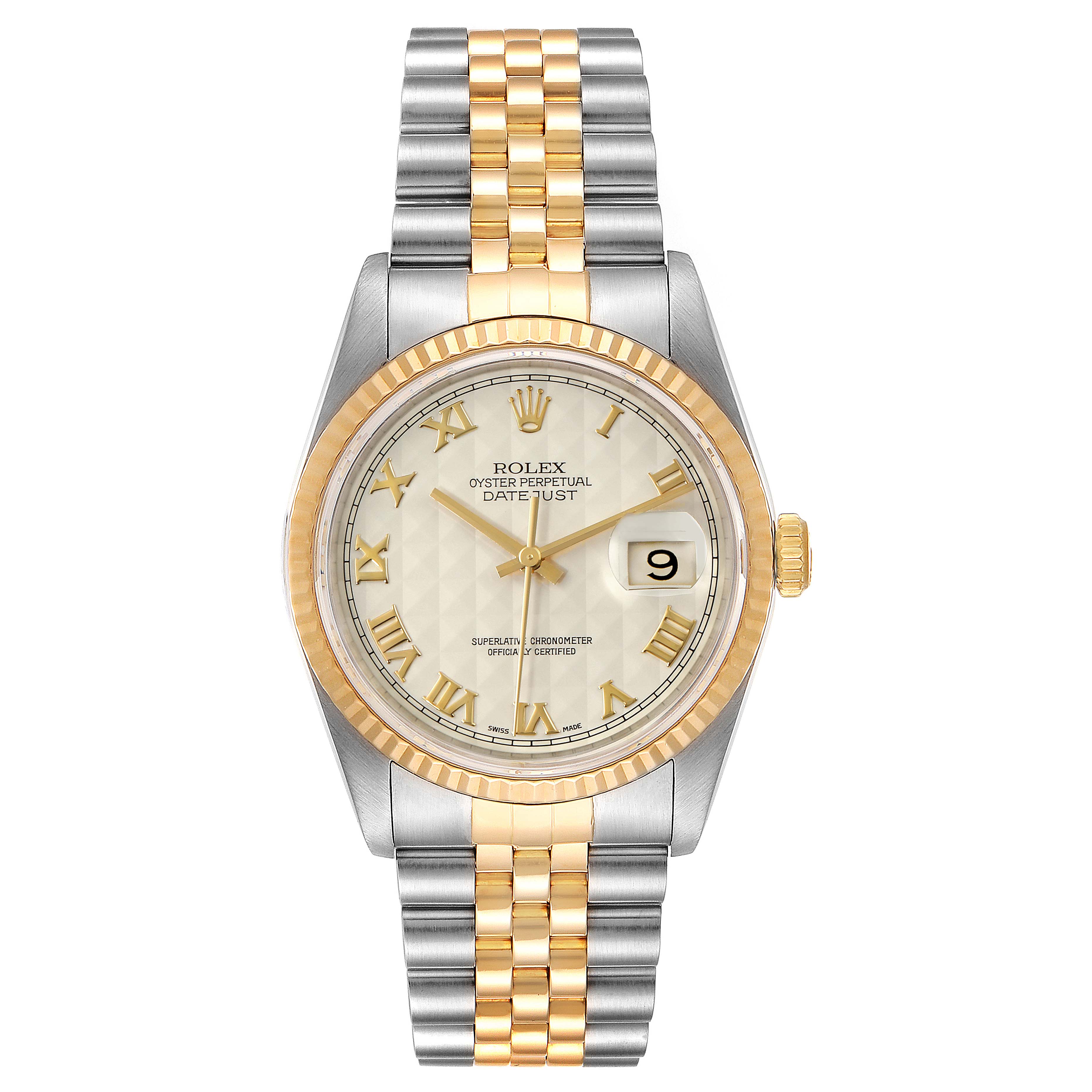 This image shows a front view of a Rolex Datejust 16233 Men's Steel and Gold (two tone) Silver Dial 16233 Men's Steel and Gold (two tone) Silver Dial watch, featuring a two-tone bracelet and a fluted gold bezel.