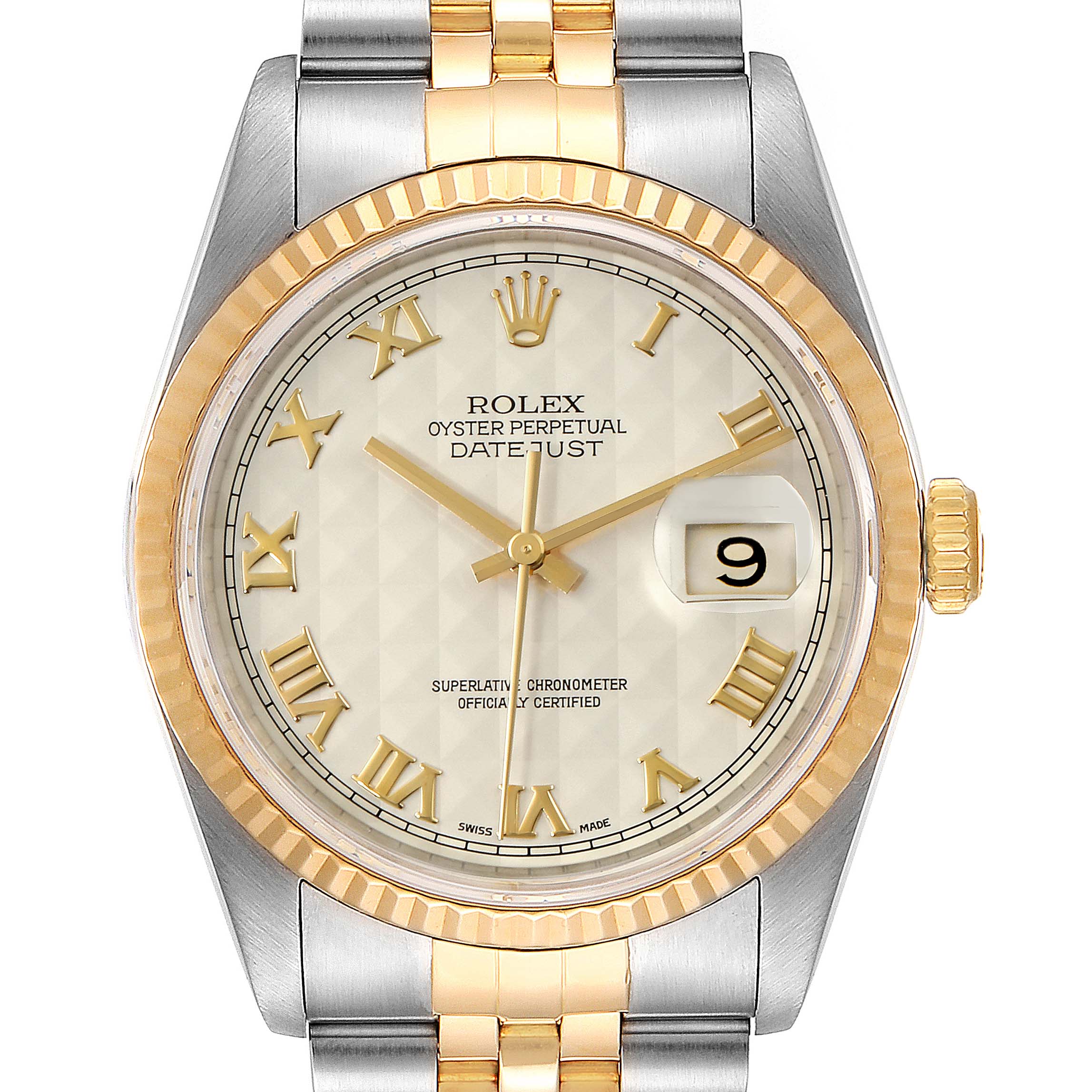 The image shows a front view of the Rolex Datejust 16233 Men's Steel and Gold (two tone) Silver Dial 16233 Men's Steel and Gold (two tone) Silver Dial watch, featuring a gold and silver bracelet, fluted bezel, and Roman numeral dial.