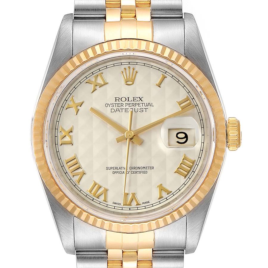 Rolex Datejust Steel Yellow Gold Pyramid Roman Dial Mens Watch 16233 SwissWatchExpo