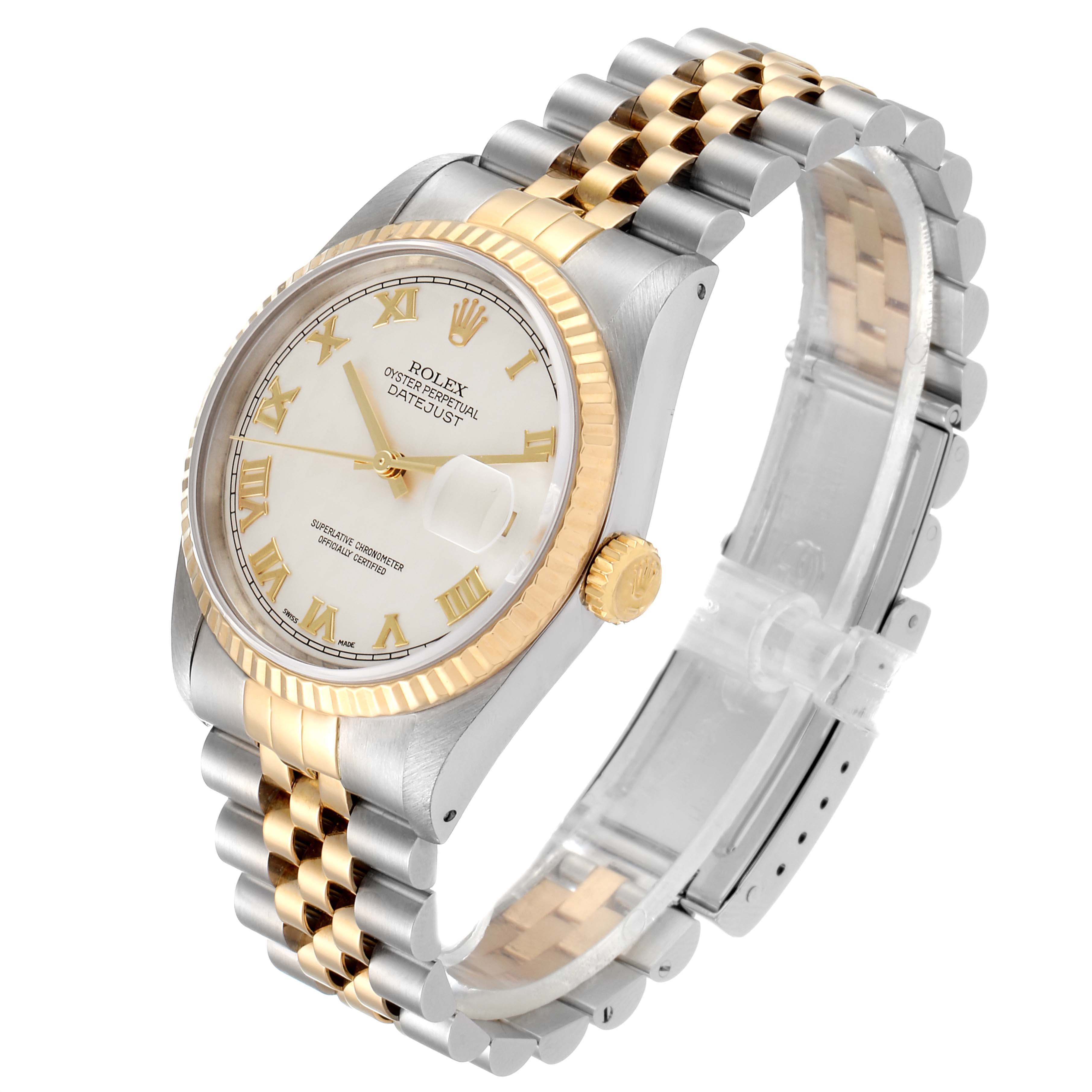 The image shows a Rolex Datejust 16233 Men's Steel and Gold (two tone) Silver Dial 16233 Men's Steel and Gold (two tone) Silver Dial watch from an angled side view, highlighting its dial, bezel, and Jubilee bracelet.