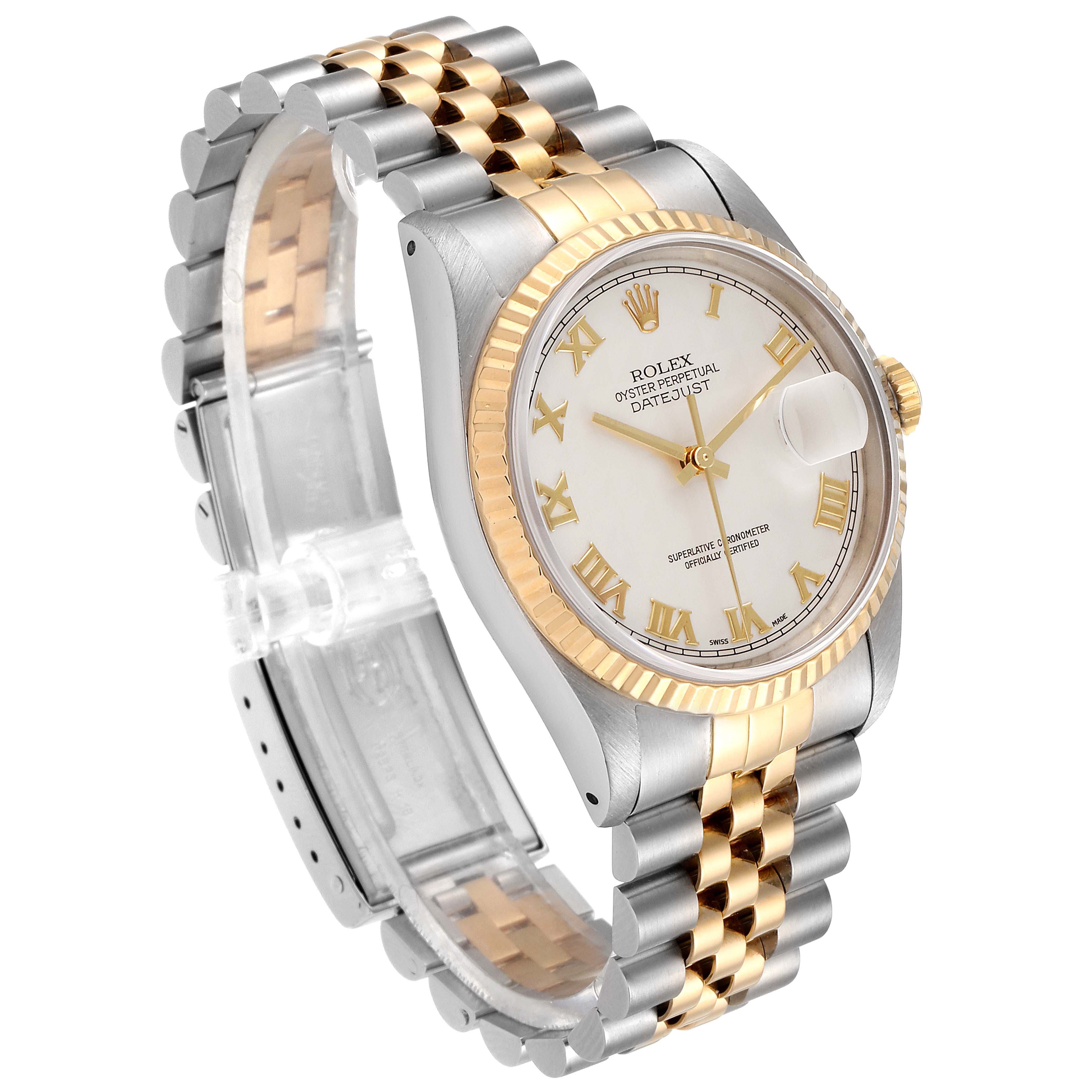 The Rolex Datejust 16233 Men's Steel and Gold (two tone) Silver Dial 16233 Men's Steel and Gold (two tone) Silver Dial watch is shown at an oblique angle, highlighting the two-tone bracelet, dial, and fluted bezel.