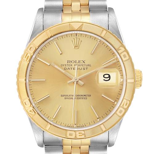 The Rolex Turn-o-Graph 16263 Men's Steel and Gold (two tone) Champagne Dial watch is shown from the front, displaying the dial, bezel, crown, and part of the bracelet.