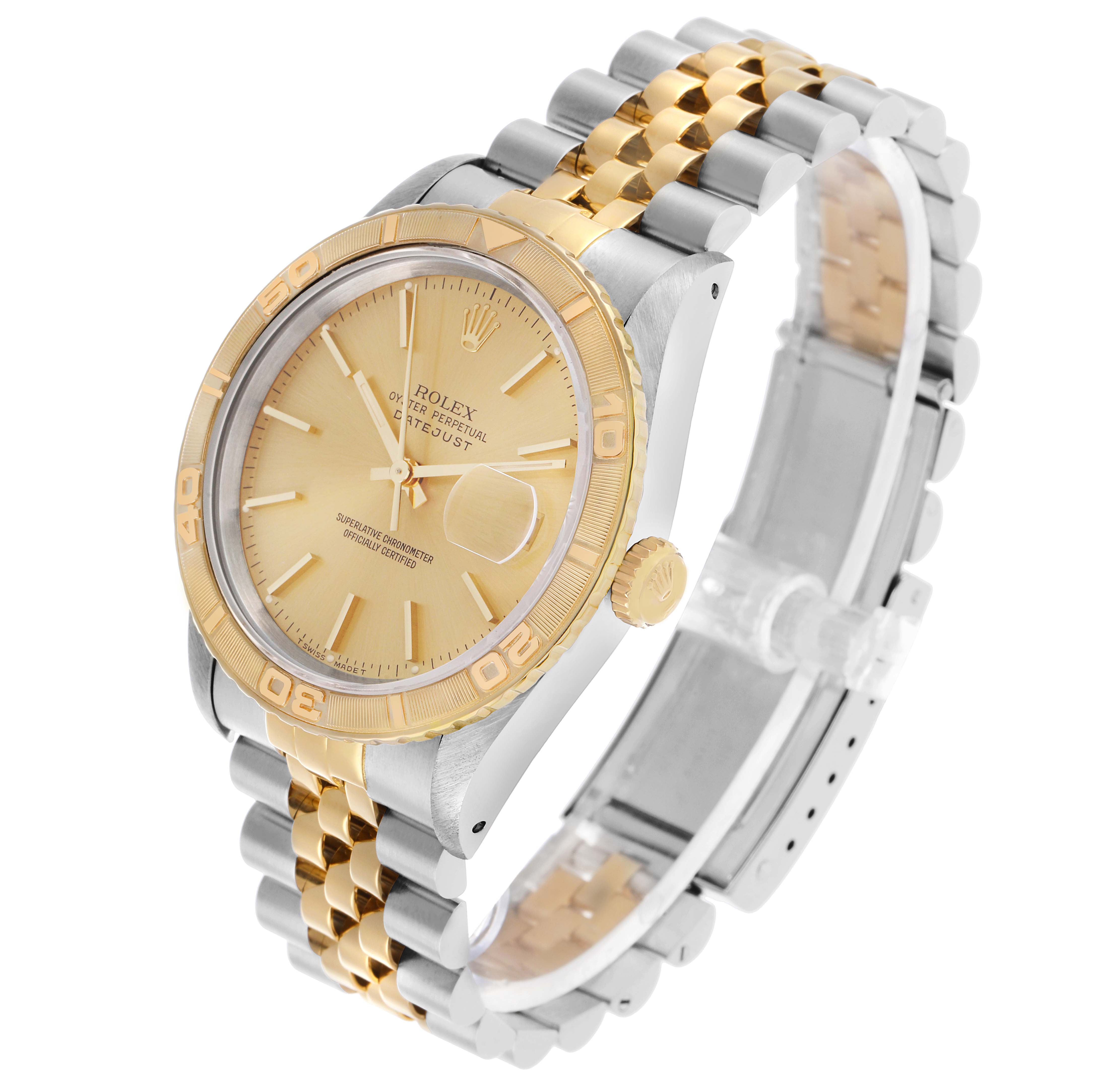 The Rolex Turn-o-Graph 16263 Men's Steel and Gold (two tone) Champagne Dial watch is shown at a slight angle, highlighting its gold and silver bracelet, bezel, and face.