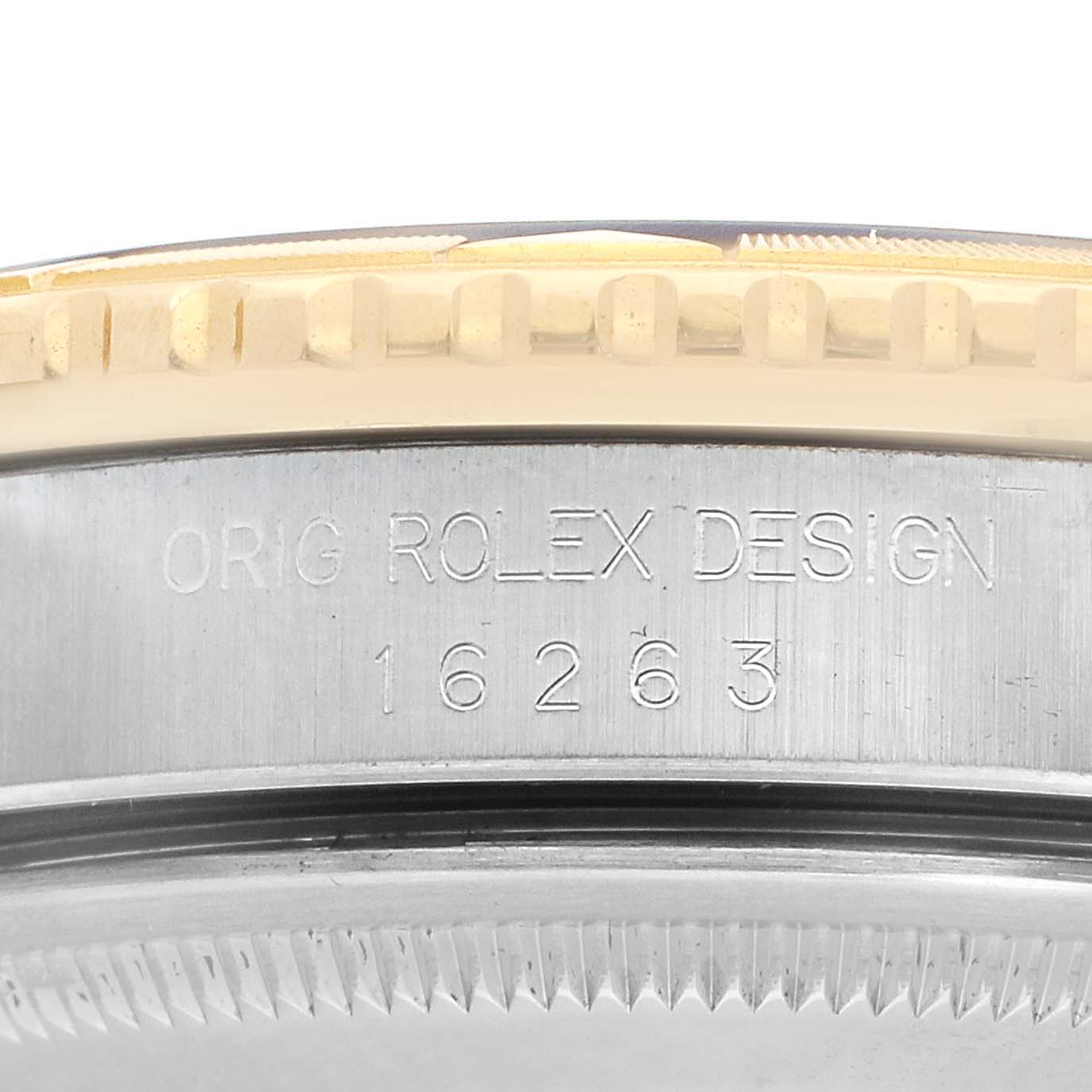 The image shows the engraved side of a Rolex Turn-o-Graph 16263 Men's Steel and Gold (two tone) Champagne Dial watch, highlighting the model number "16263" and its bezel.
