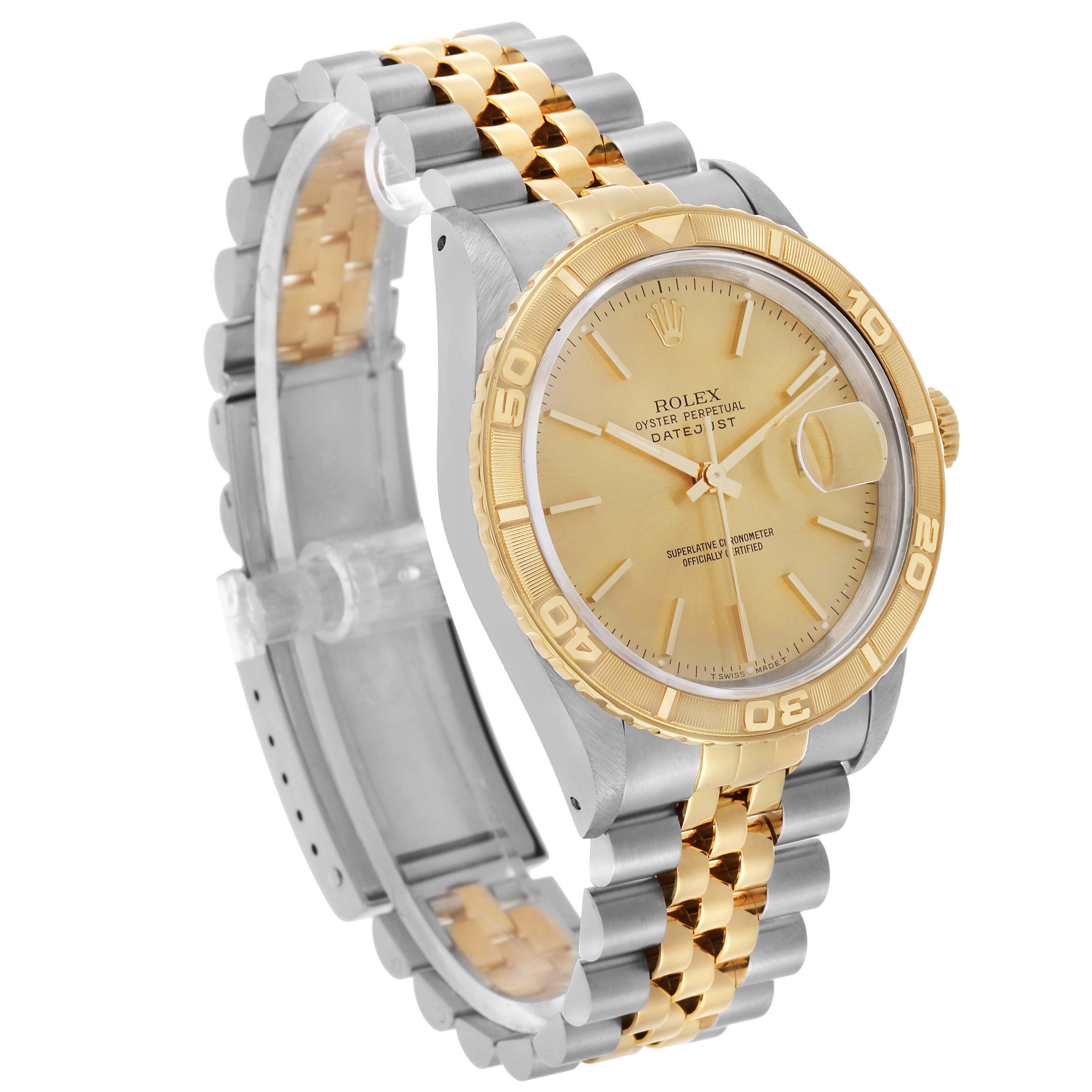 The Rolex Turn-o-Graph 16263 Men's Steel and Gold (two tone) Champagne Dial watch is shown at a three-quarter angle, highlighting the dial, two-tone bezel, and Jubilee bracelet.