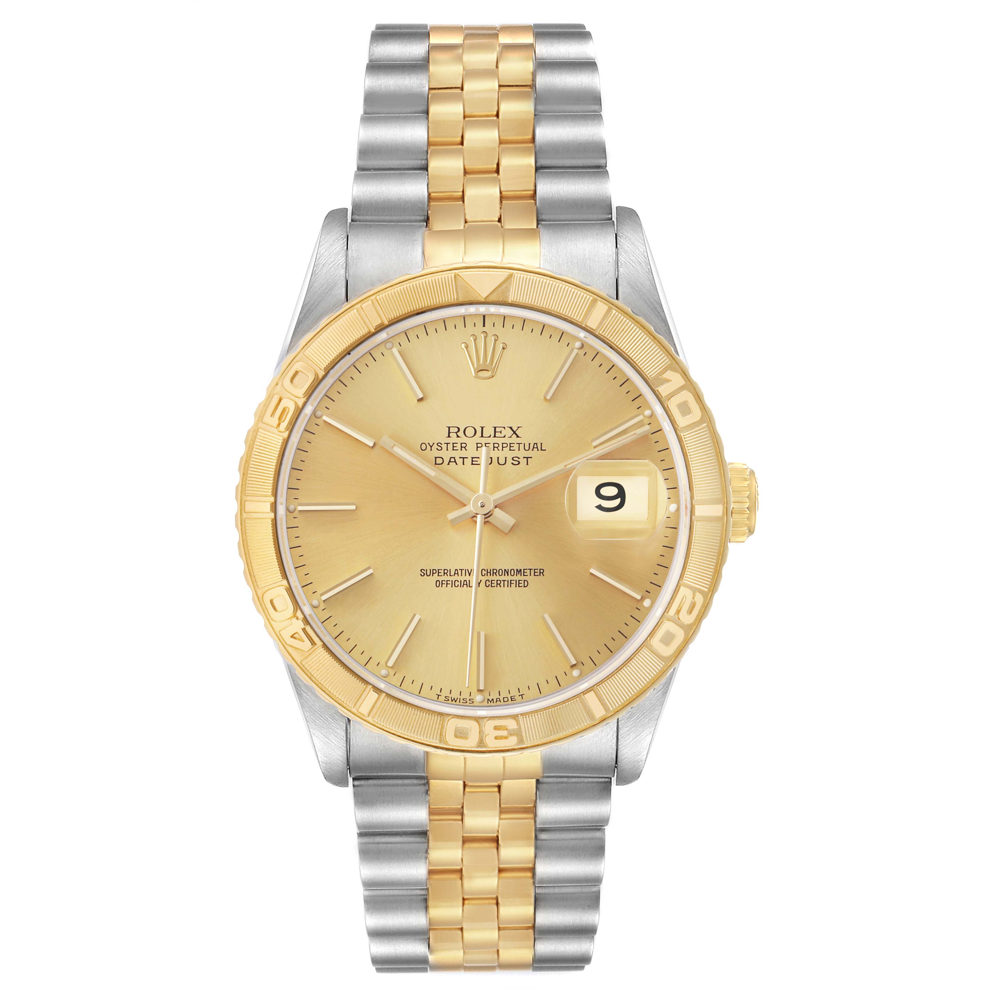 The Rolex Turn-o-Graph 16263 Men's Steel and Gold (two tone) Champagne Dial watch is shown from a front angle, highlighting its gold and silver bracelet, and distinctive gold bezel.